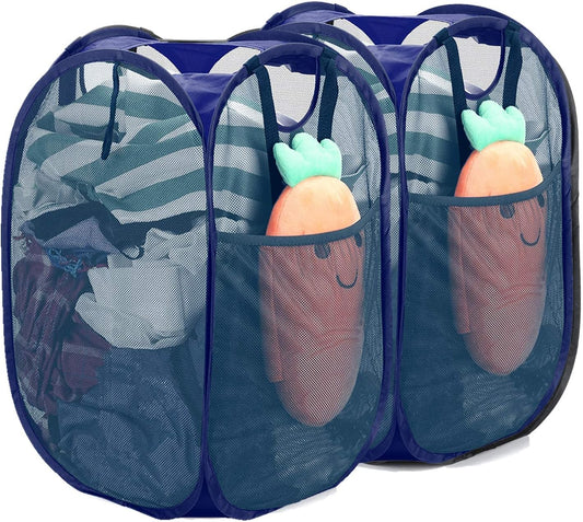 [Reinforced] Strong Mesh Pop-up Laundry Hamper, Quality Collapsible Laundry Basket with Durable Handles Solid Bottom High Carbon Steel Frame, Easy to Open and Fold Flat for Storage(Blue)