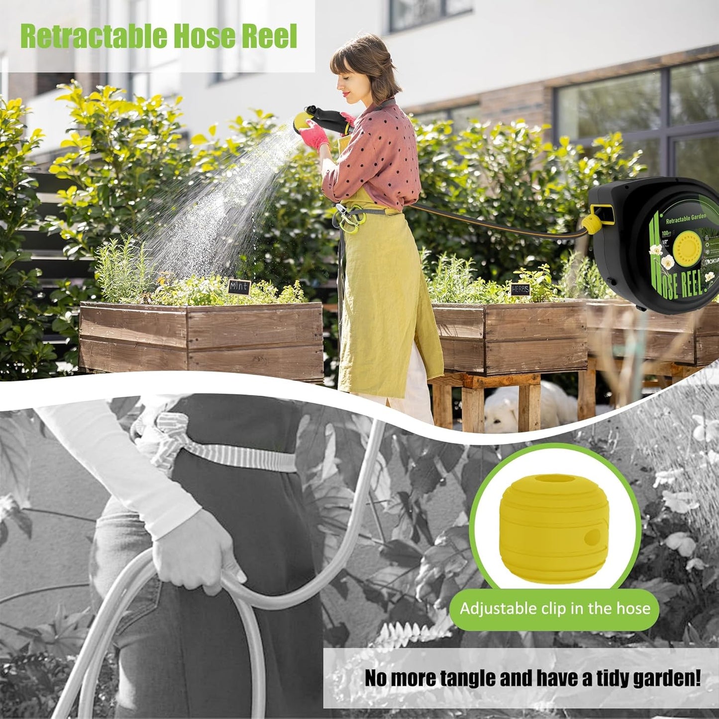 Hose Reel, Retractable Garden Hose Reel, 65 ft x 1/2 inch Garden Hose with Auto Return System, Retractable Water Hose with 180°Swivel Wall Mounted Bracket, 9 Pattern Sprayer Nozzle & Any Length Lock