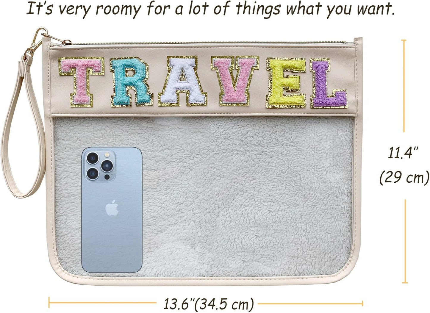 TopTTanBo Chenille Letter Clear Bag Purse Multi-purpose Transparent Waterproof Snacks Makeup Tote Bag with Wrist Strap