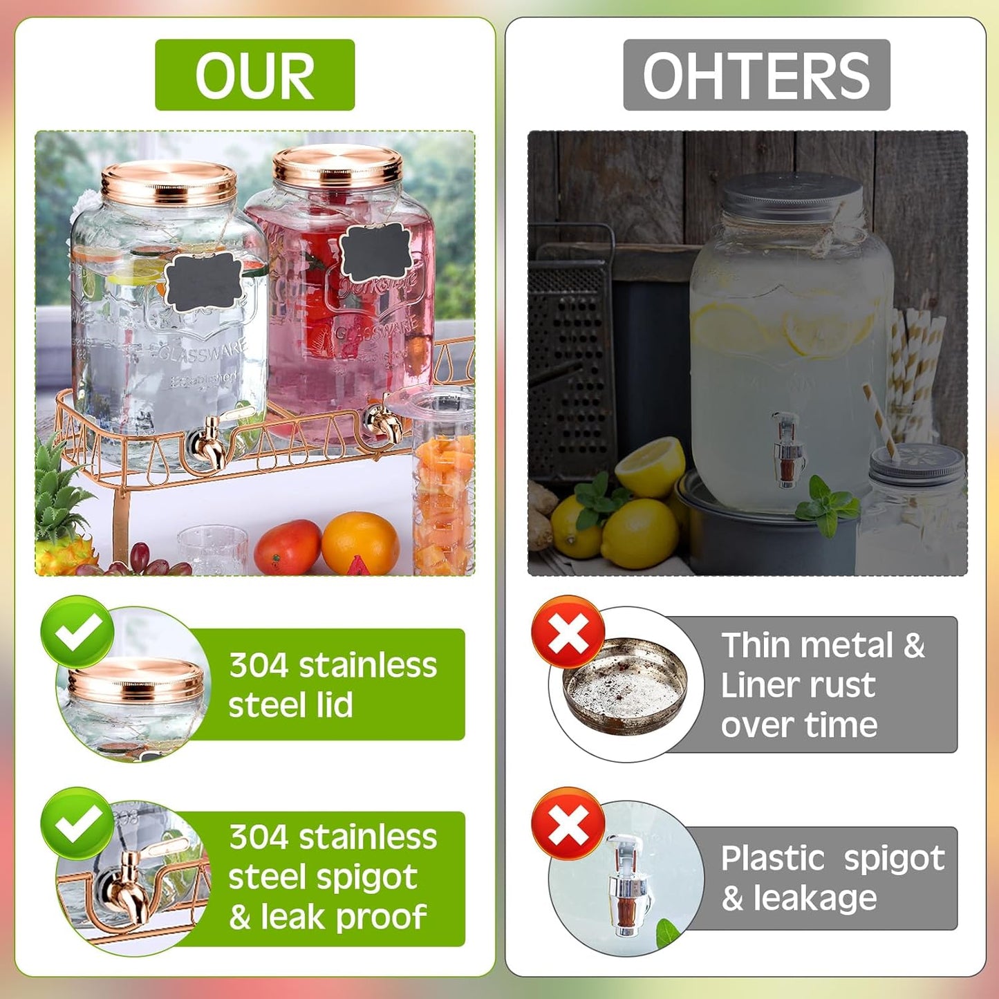 Lallisa 3 Pcs 2 Gallon Glass Drink Dispenser with Stand and Lid Mason Jar Beverage Dispenser with Stainless Steel Spigot, Hanging Chalkboard Signs, Fruit Infuse, Ice Cylinder, Liquid Pen (Rose Gold)