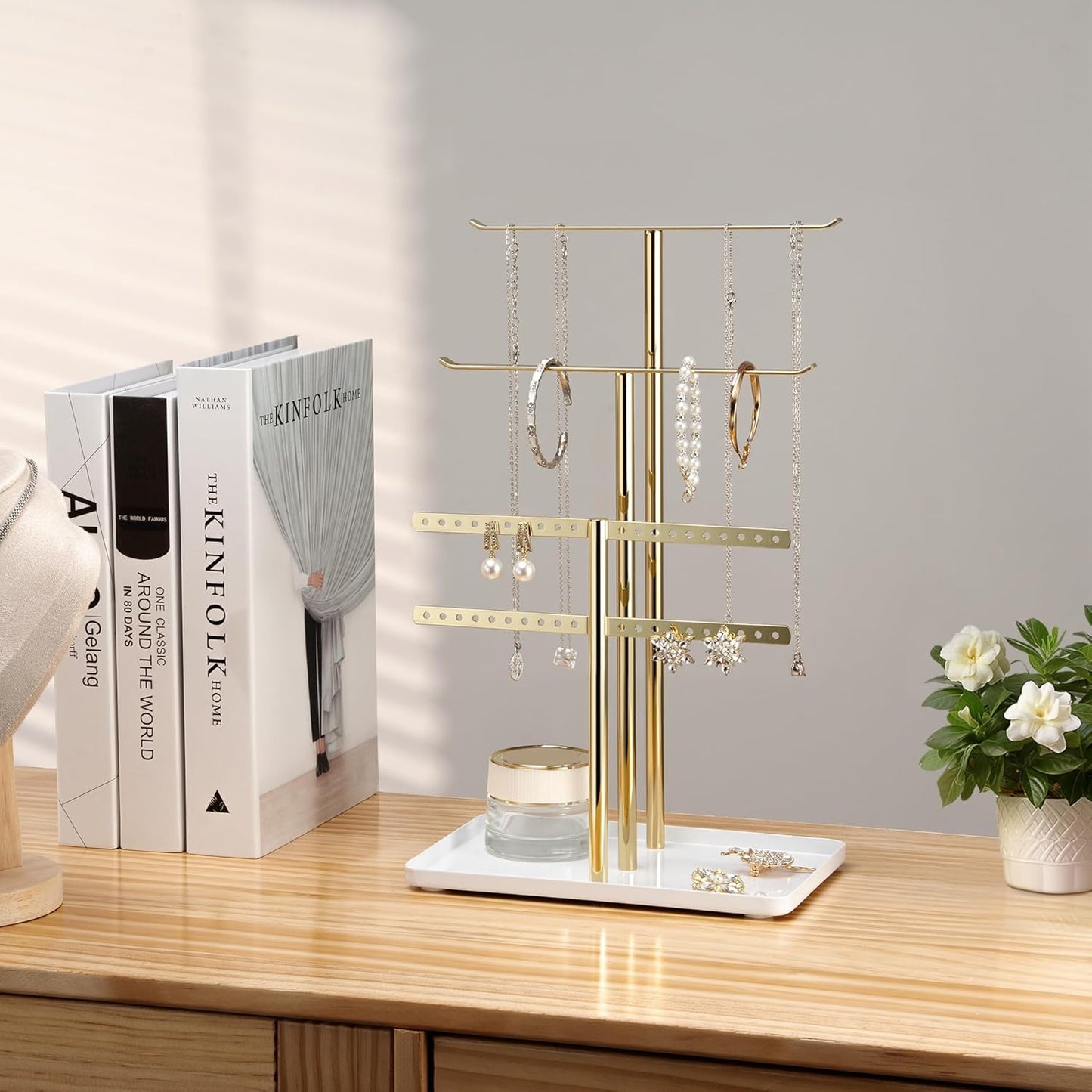 pickpiff Jewelry Stand Organizer Necklace Holder- 12.5" Sturdy Earring and Bracelet Hanger, Mirrored Gold, Aesthetic Room Decor