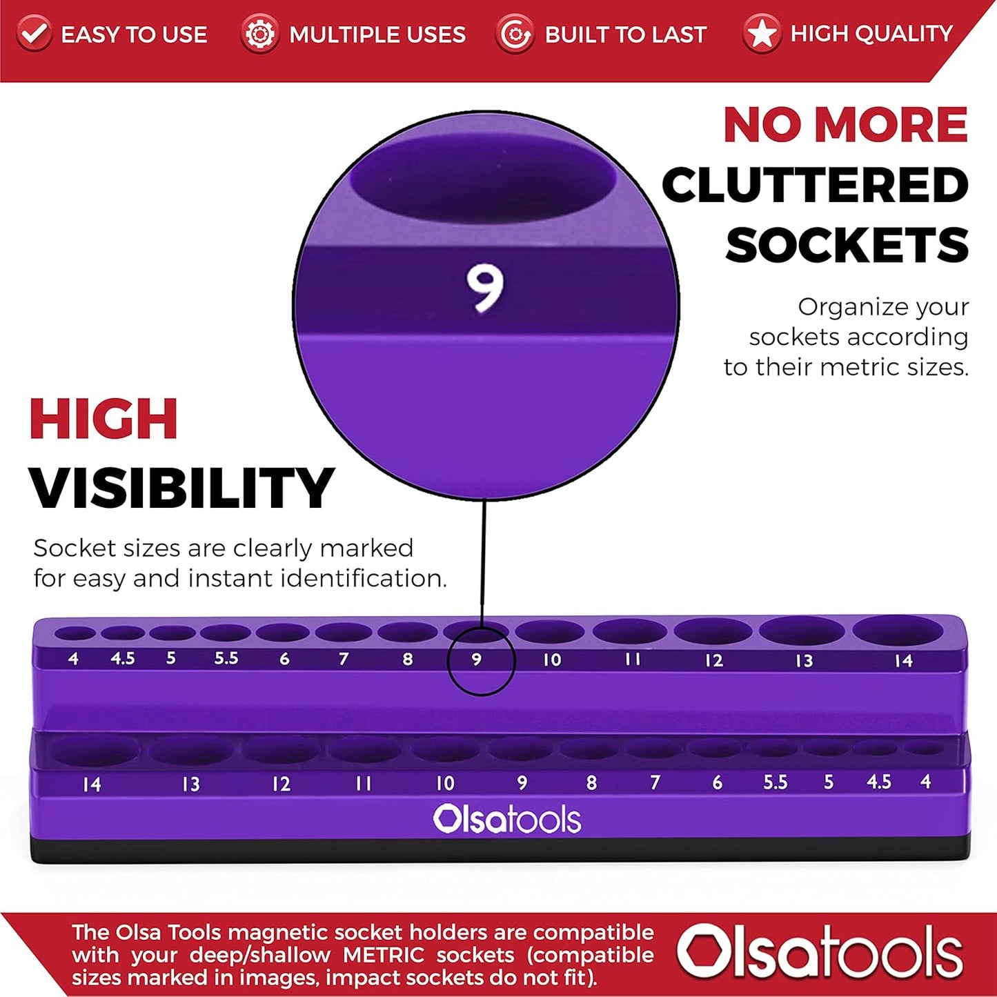 Olsa Tools Magnetic Socket Holder | 1/4-inch Drive | Metric | Purple | Holds 26 Sockets | Professional Quality Tools Organizer