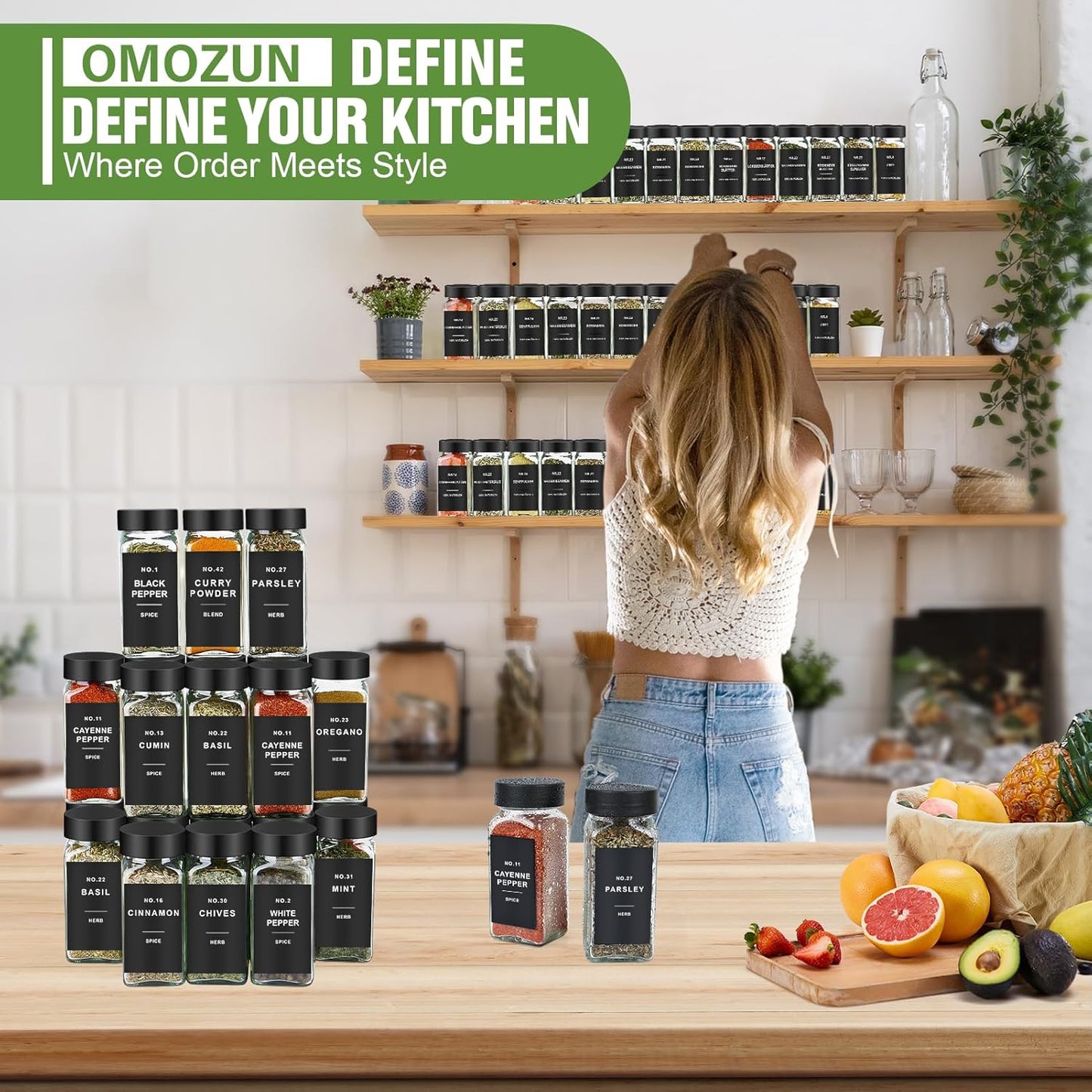 Spice Jars with Label, 24pcs 4oz Glass Spice Jars with Black Lids, Square Spice Containers with 304 Labels and Shaker Inserts, Empty Seasoning Bottles for Drawer, Cabinet, Seasoning Organizer