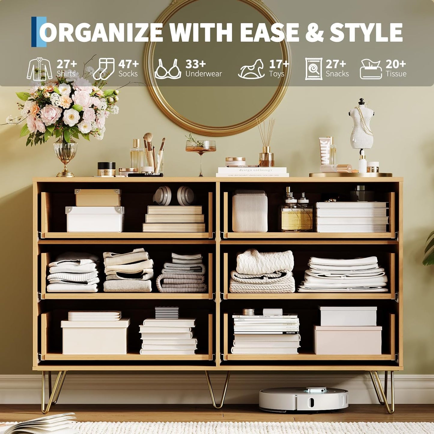 Garvee Fluted Dresser for Bedroom with 6 Drawers,47" Wide Modern Chest of Wooden Bedroom Chest with Metal Handle,Clothes Storage Organizer,Closet Dresser & TV Stand for Living Room,Hallway,6&Natural