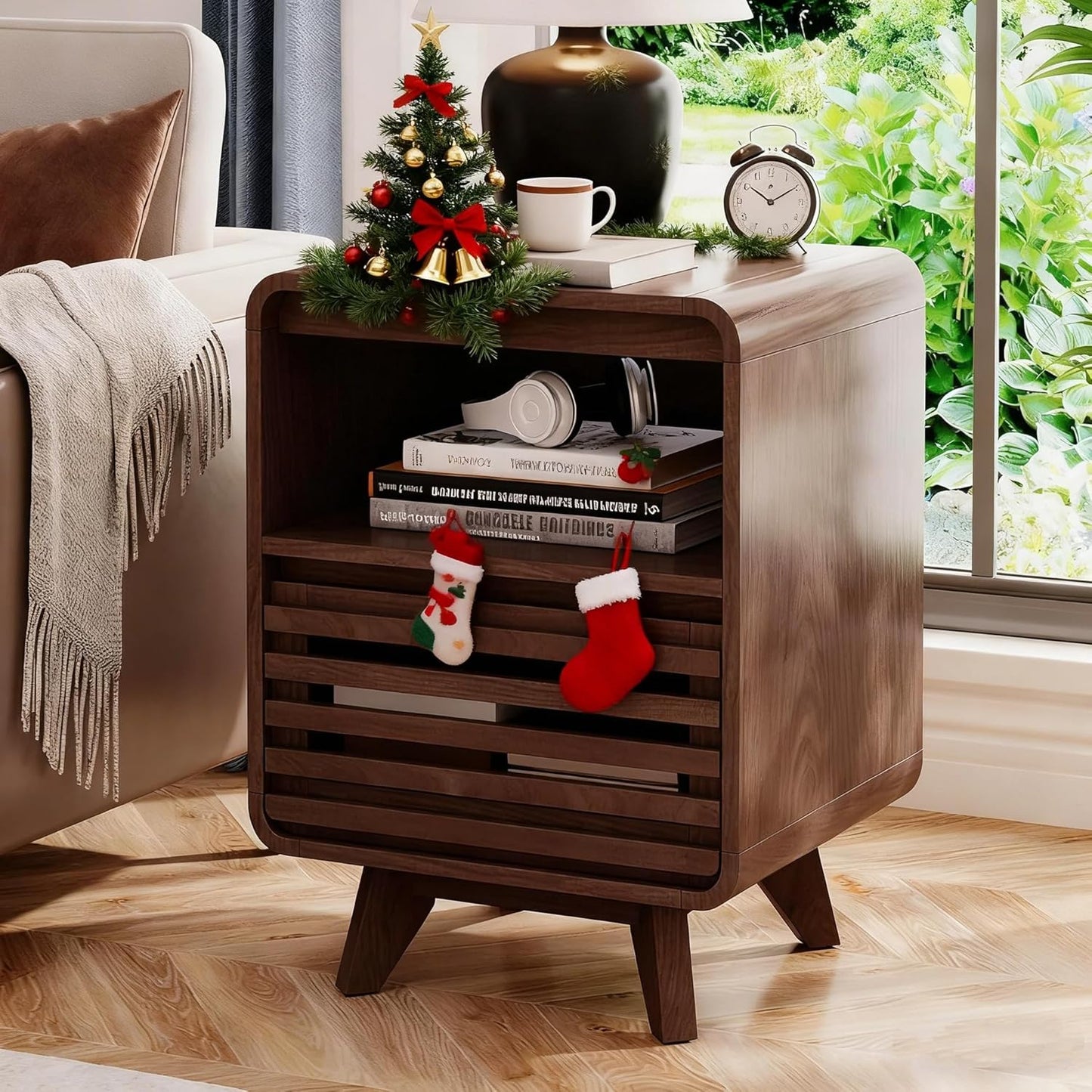Fluted Night Stand Nightstand with Drawer Storage Grille Bed Side Table End Table Large Modern Wide Bedside Stand Tall Night Stands for Bedroom Living Room Sofa Couch Home Office, Dark Walnut