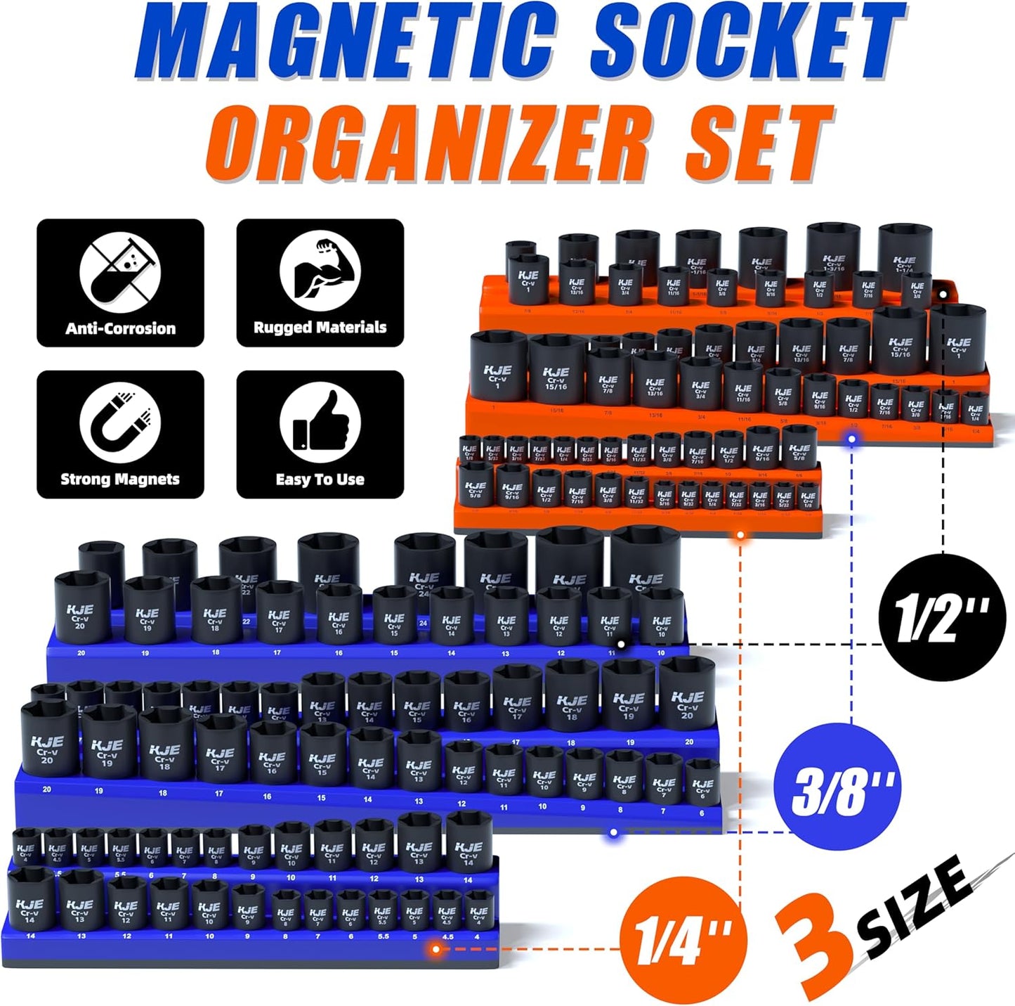 KJE Magnetic Socket Organizer Set 6 Piece, Magnetic Socket Holder Includes 1/4", 3/8", 1/2", Holds 143 Pieces Metric and SAE Socket Trays for Tool Box Drawer
