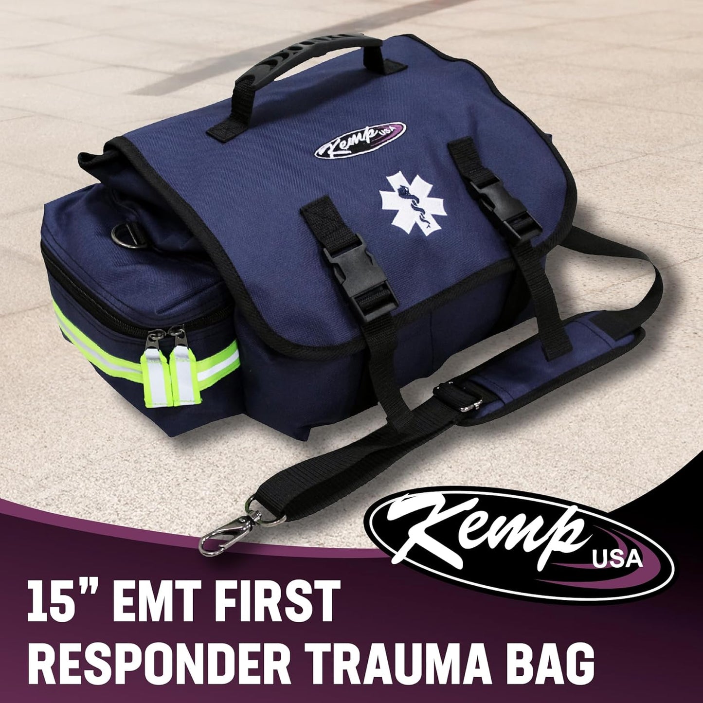 Kemp USA EMT First Responder Trauma Bag, Navy Blue, First Aid & Survival Gear with High-Visibility Reflectors, Rapid Medical Response & Emergency Tools Organizer