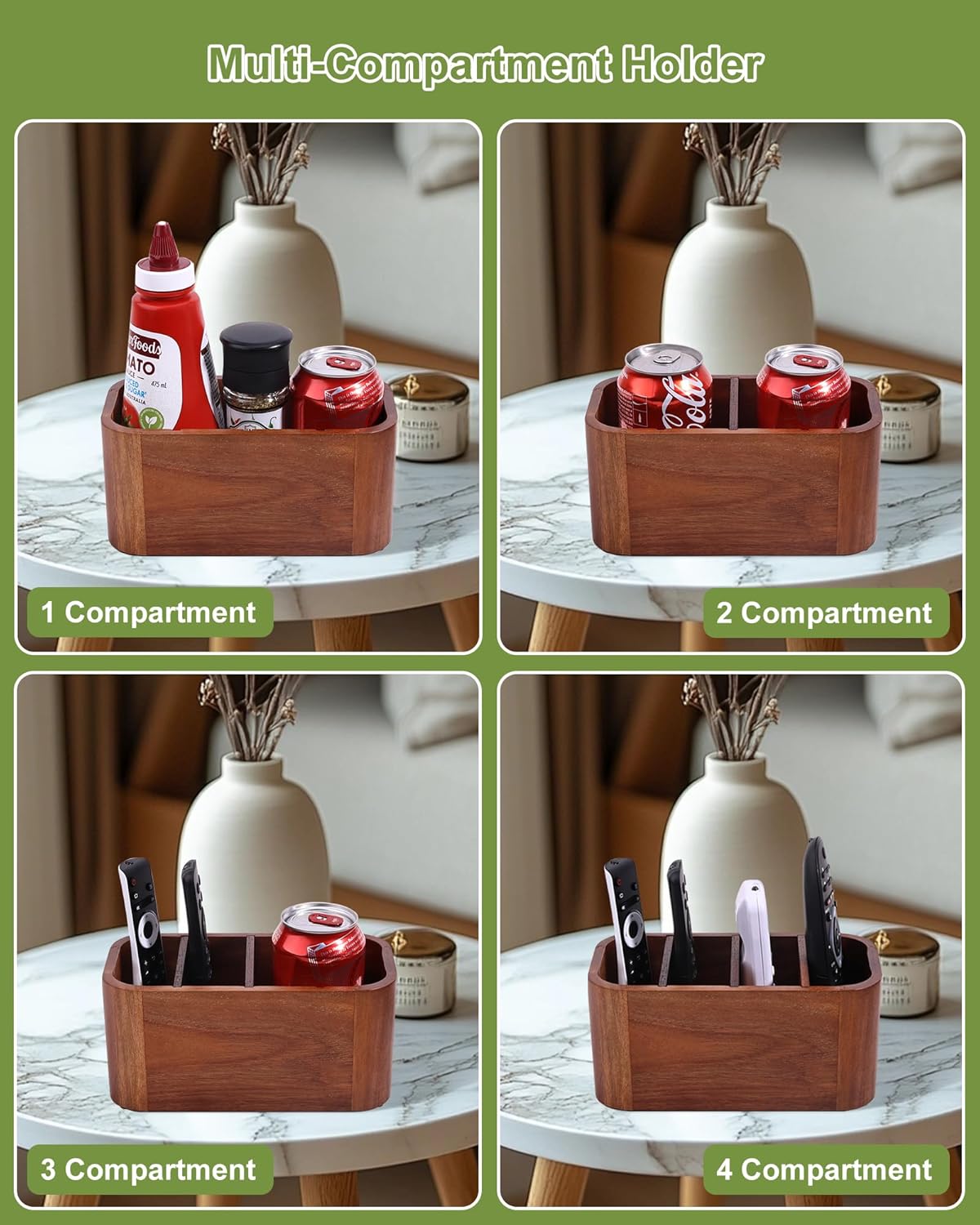 ‌Acacia Wood Remote Control Holder, Bonfixe Removable Desk Organizer with 4 Compartments & 4 Protective Pads, Easy Storage‌ TV Remote Holder for Living Room, Bedside Caddy, Office Supplies