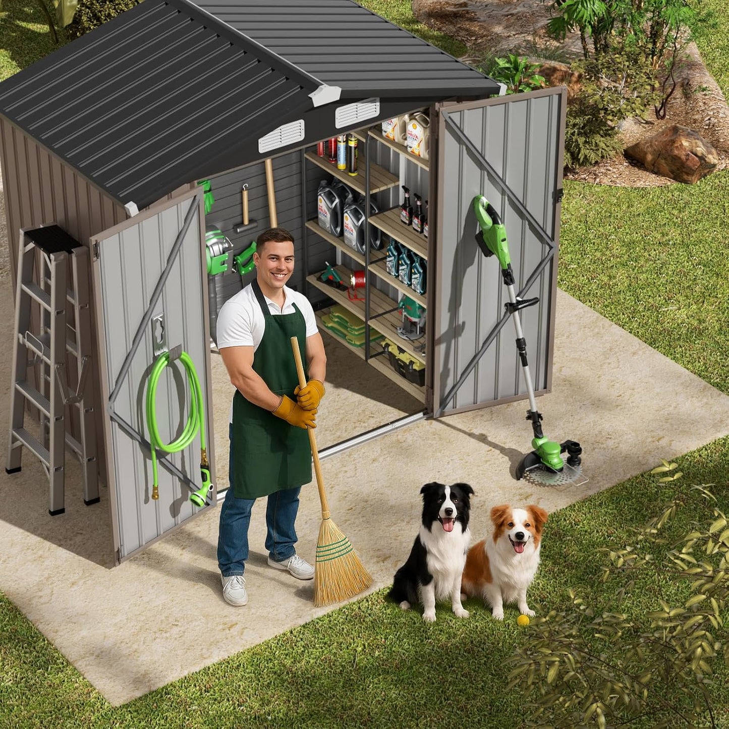 GVDV 6x4 FT Outdoor Metal Storage Shed with Floor, Durable Garden Shed with Updated Frame Structure for Backyard, Patio, Tool Storage, All-Weather Shelter for Bike, Gardening Tools, Equipment, Pet