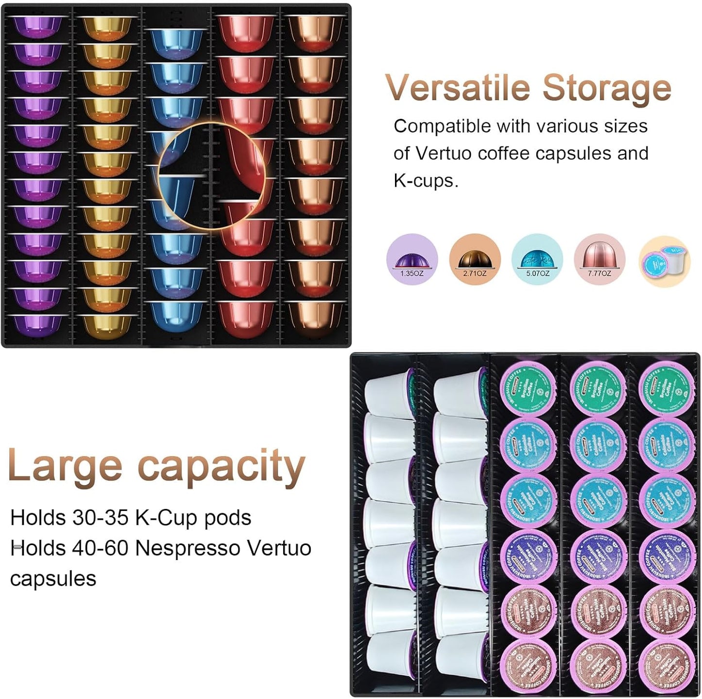 Coffee Pod Drawer Organizer with Tempered Glass Lid - Compatible with Nespresso Vertuo, Holds Up to 60 Small or 40 Large Capsules (Glass)