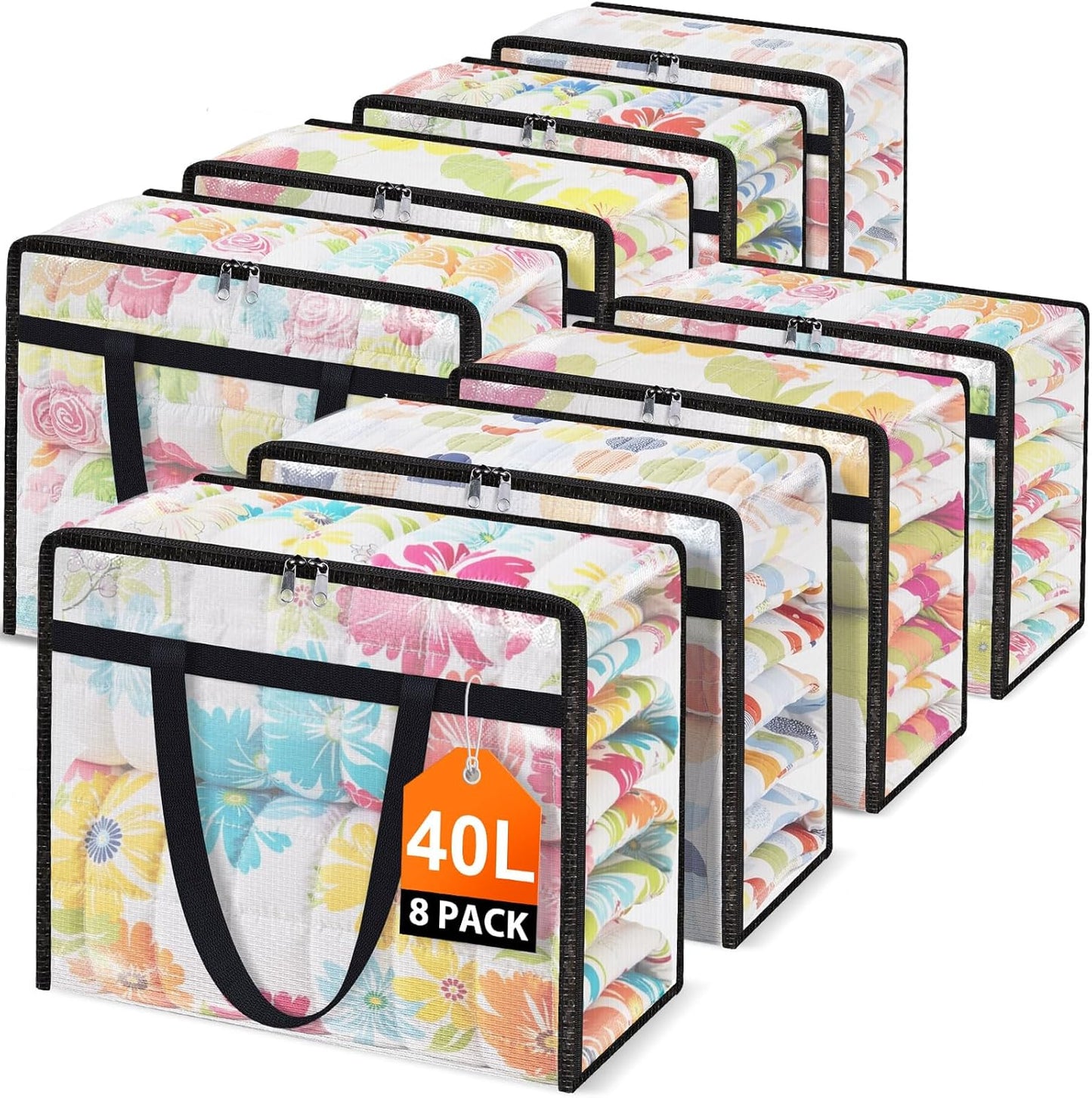 Clear Under Bed Storage Containers - 8 Pack Large Capacity Clothes Storage Bags with Lid & Sturdy Handles, Foldable Moving Bags, Clothing Organizer Totes for Bedding, Comforter, Sheet（40 L）