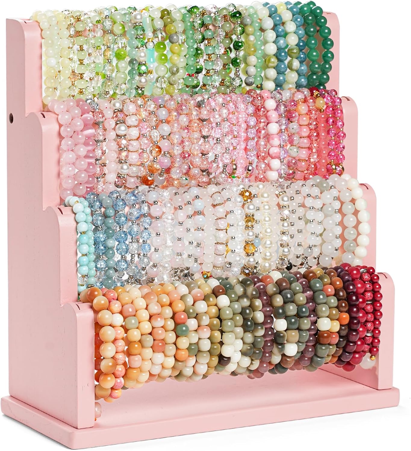Emfogo Bracelet Holder, 4 Tier Bracelet Organizer Storage for Bracelets Bangles Watch Scrunchies, Rustic Wood Jewelry Organizer Display for Home, Vendors, Craft Shows and Store(Pink)