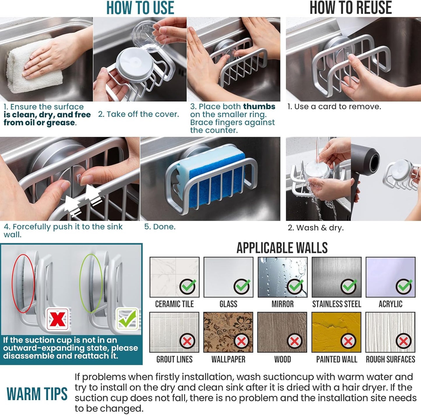 TAILI Sponge Holder for Kitchen Sink with Strong Suction Cup, Removable Sponge Holder, Rustproof Aluminum Sink Caddy for Sponges, Dish Brush - Silver