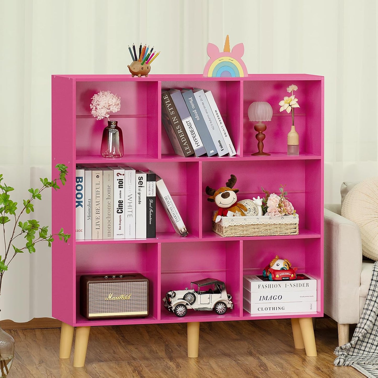 LEYAOYAO Bookshelf,3 Tier Book Shelf with Legs,Pink Modern Bookshelf,Large Freestanding Open Modern Bookshelves,Display Bookcases Decor Furniture for Nursery