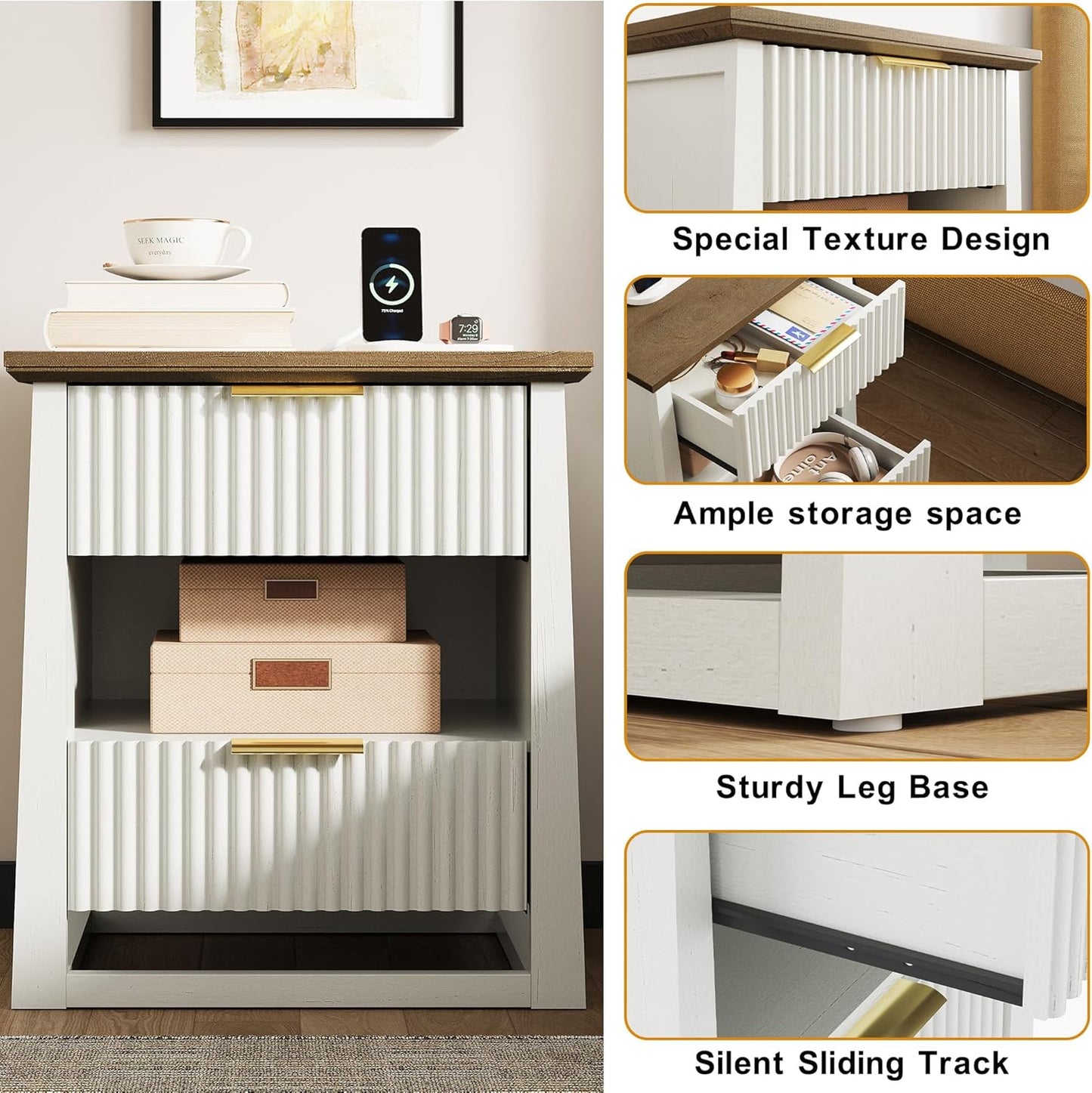 HIFYOBRO Fluted Nightstands with Charging Station & Motion Sensor Light, Modern Bedside Tables with 2 Drawers and Storage Shelf for Bedroom, White