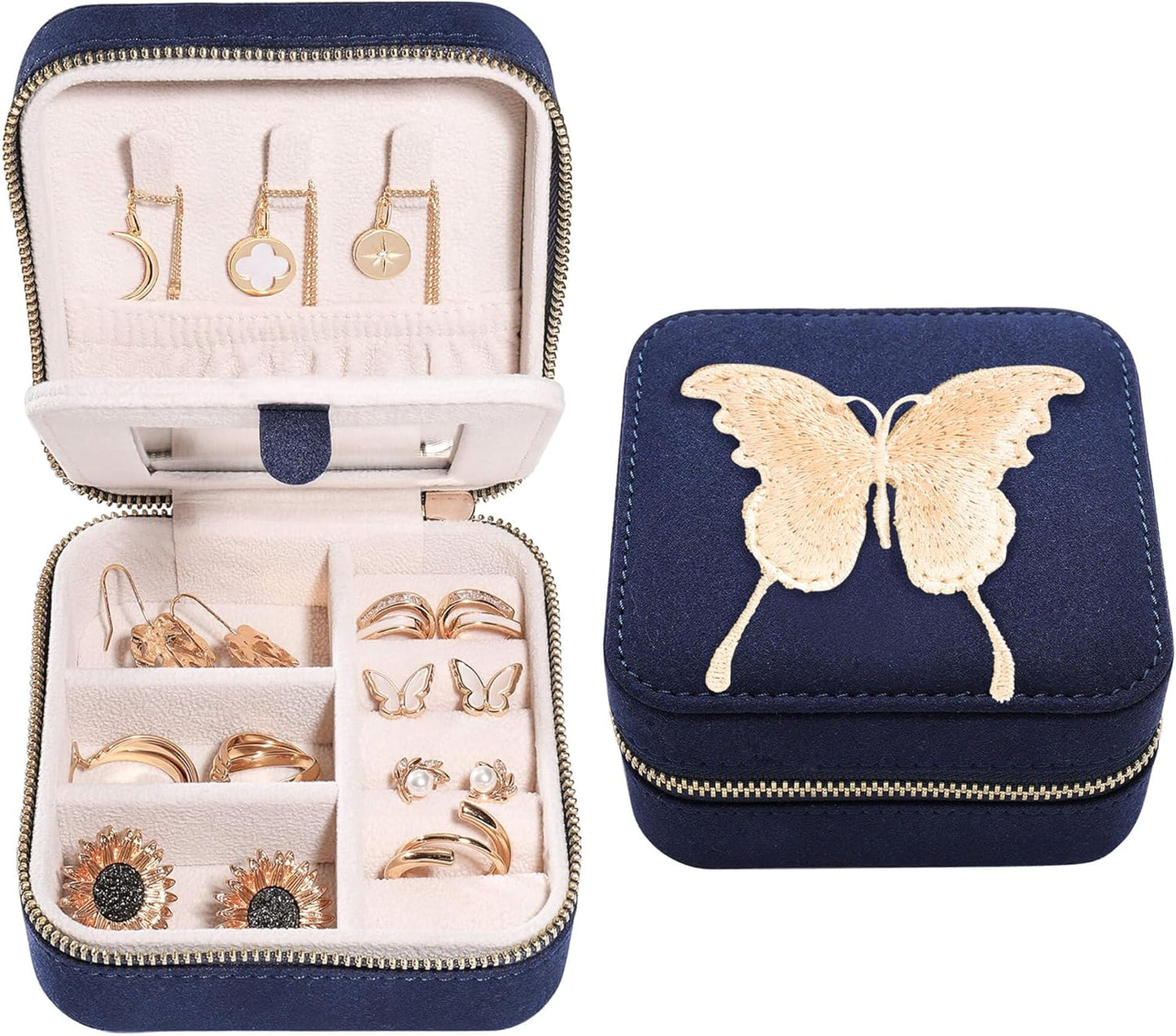 S.Leaf Travel Jewelry Organizer Boxes for Women Small Portable Necklace Earrings Bracelet Rings Travel Case Best Friend Birthday Gifts for Women Trendy (Butterfly_Blue_Gold)