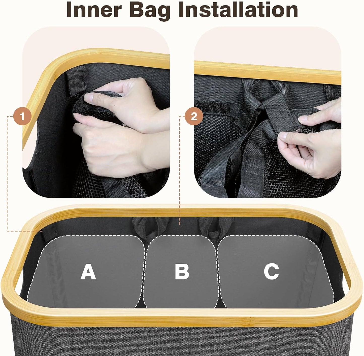 Hampers for Laundry Basket with Lid, 145L Extra Large 3 Section Clothes Divided Organizer for Bedroom, Laundry Room, Dirty Clothing Hamper, Black