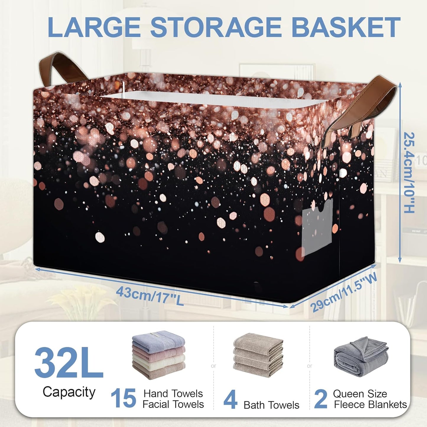 Pink Glitter Storage Baskets,Foldable Organizer Bin with Handles for Home Living Room Bedroom Closet Box 17x11.5x10Inch