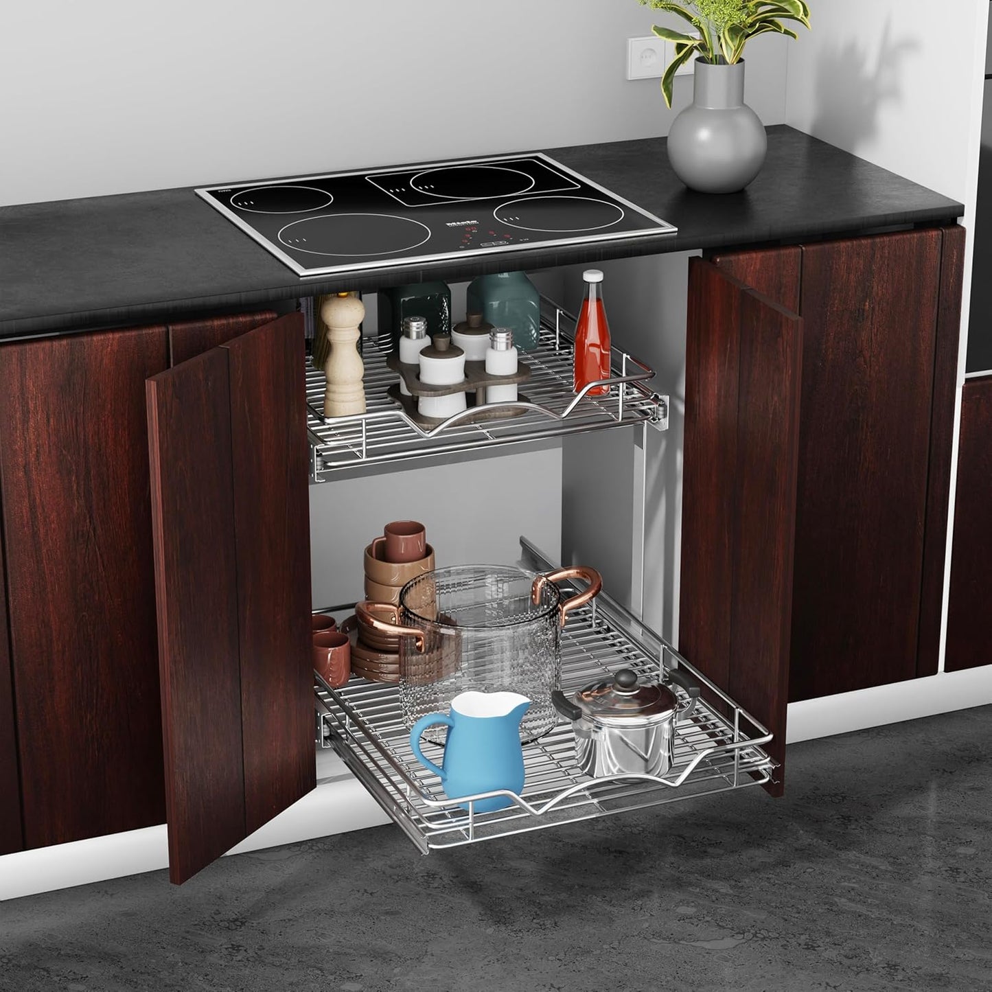 HOLDN’ STORAGE Two Tier Pull Out Cabinet Organizer, Individual Sliding Drawers - Heavy Duty Metal with Lifetime Limited Warranty - Anti Rust Chrome Finish - 17" W x 21”D x 16.5" H