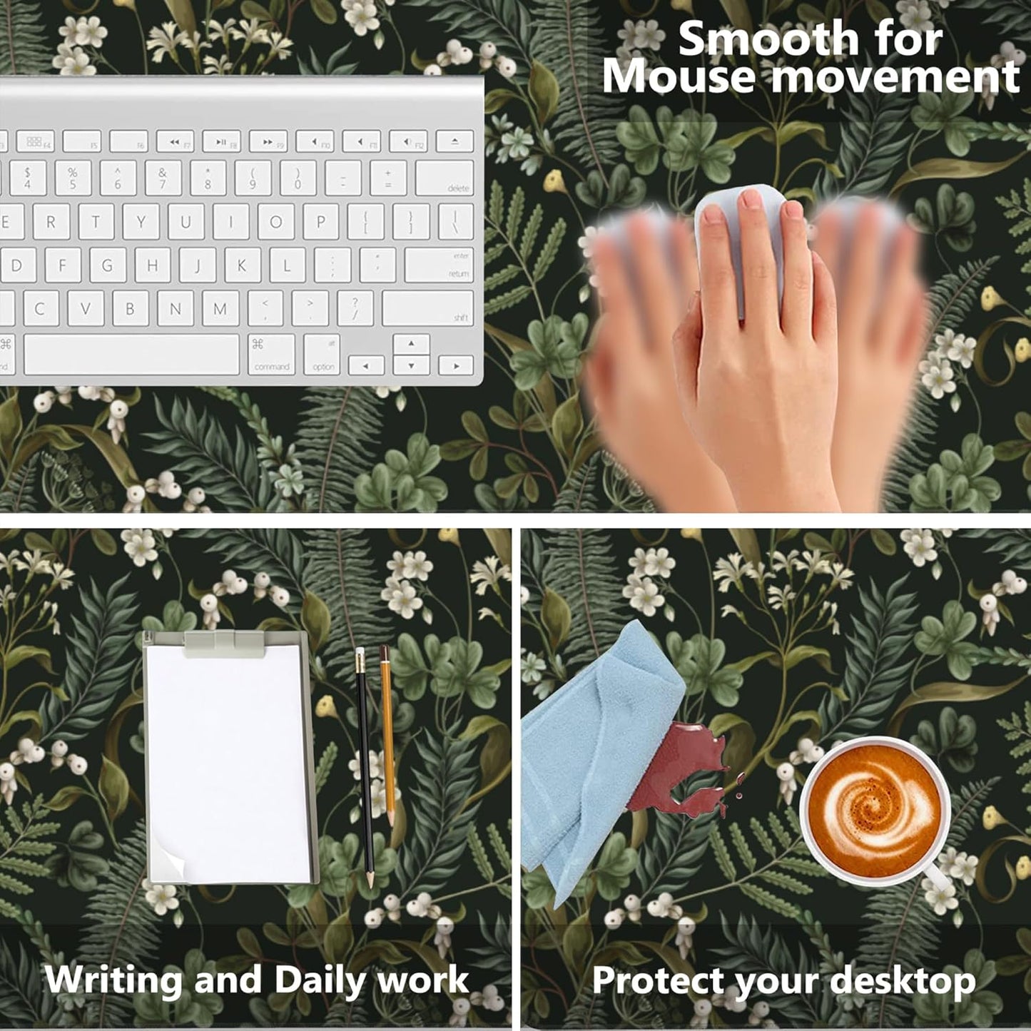Desk Mat,White Flowers and Fern Gaming Mouse Pad,XXL Extended Mouse Pad Mat for Office,Computer,Keyboard with Non-Slip Base Stitched Eges Mousepad 35.4x15.75 inch