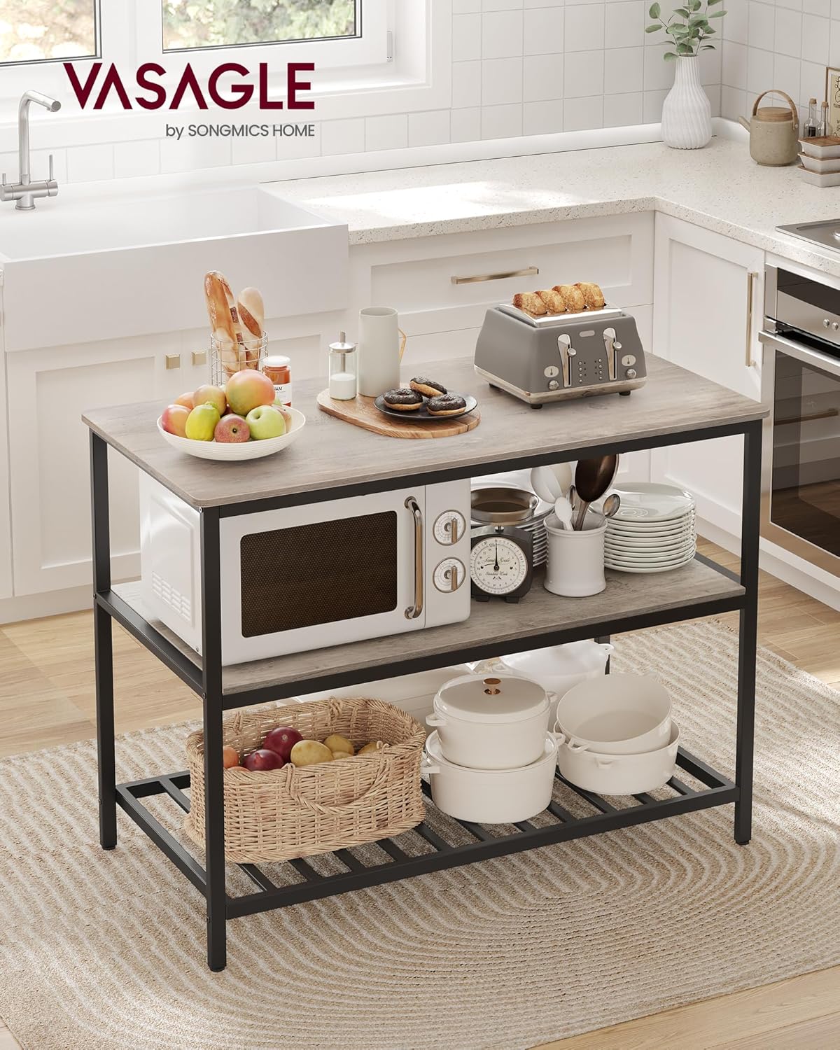 VASAGLE Kitchen Island with 3 Shelves, 47.2 Inches Width Kitchen Shelf with Large Worktop, Stable Steel Structure, Industrial, Easy to Assemble, Greige and Black UKKI001B02