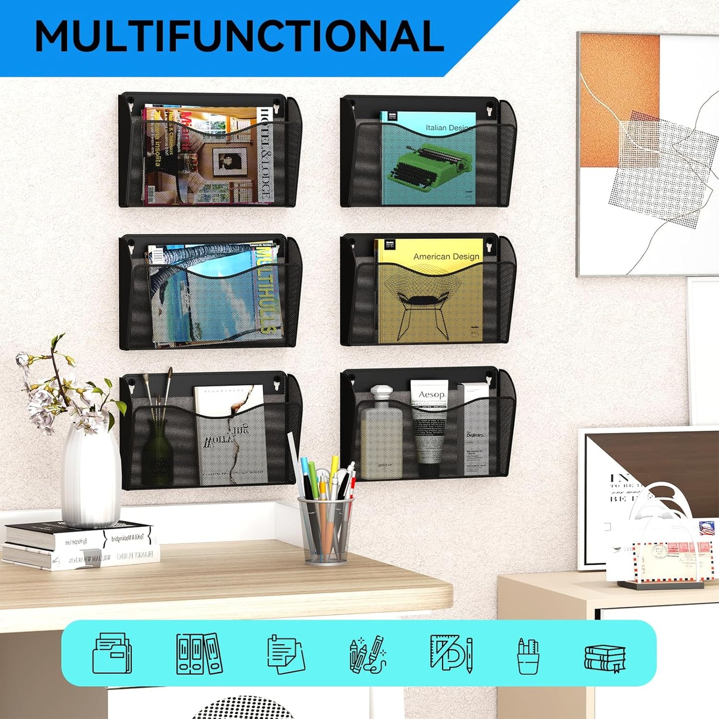 3 Single Pocket Wall File Holder, Mesh Hanging File Folder Paper Organizer, Vertical Wall Mounted Mail Basket, Storage Organization Magazine Rack for Office, Home and School, Black