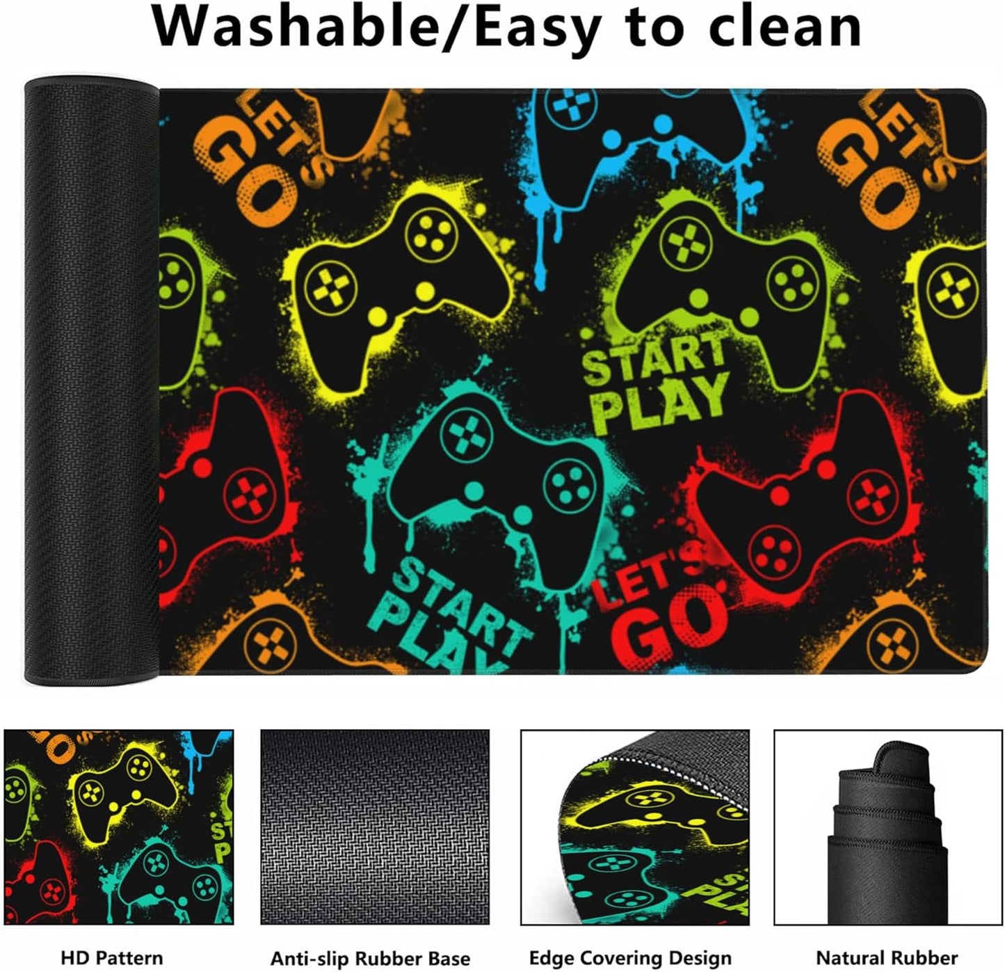 Desk Mat,Colourful Joystick Game Gaming Mouse Pad,XXL Extended Mouse Pad Mat for Office,Computer,Keyboard with Non-Slip Base Stitched Eges Mousepad 35.4x15.75 inch