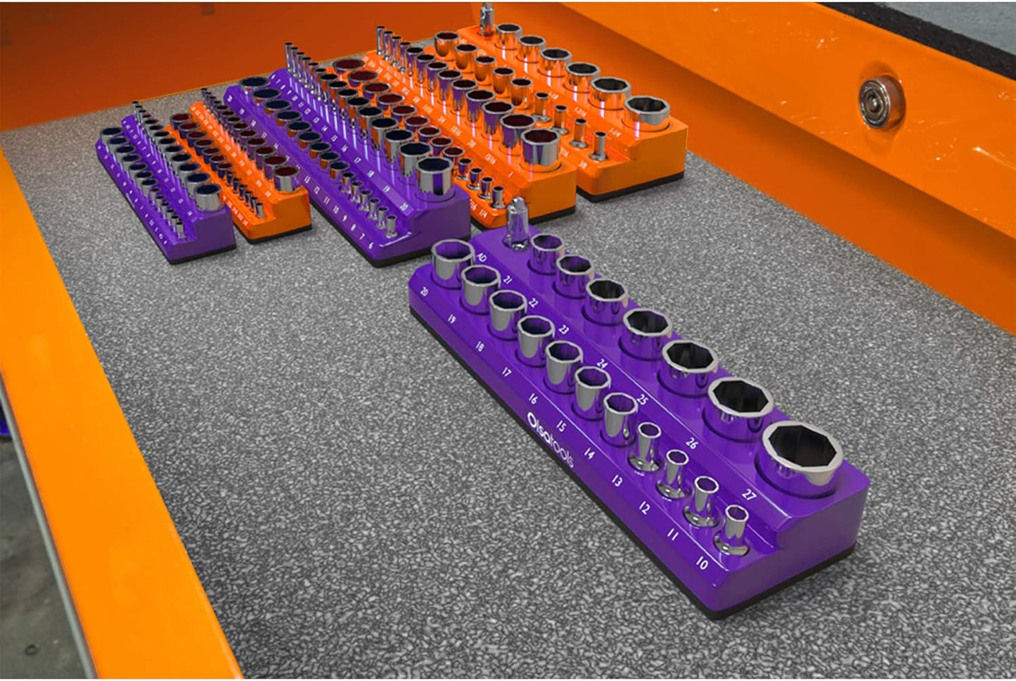 Olsa Tools Magnetic Socket Organizer | 3/8-inch drive | SAE Orange | Holds 26 Sockets | Professional Quality Tools Organizer