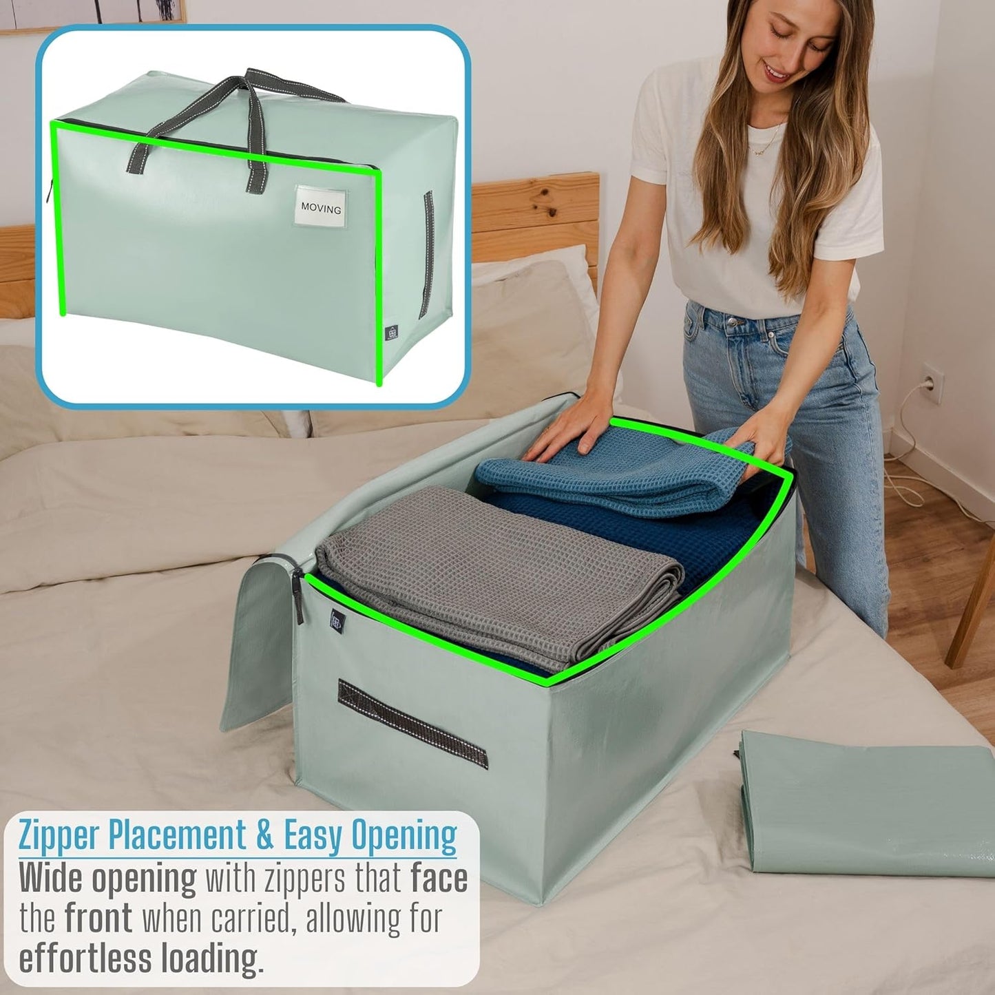 VENO 4 Pack Moving Bags and Large Christmas Decoration Storage Bins with lids. Alternative to Moving Boxes, Packing Supplies for College. Heavy Duty Totes (Shiny Light Green, 4 Pack)