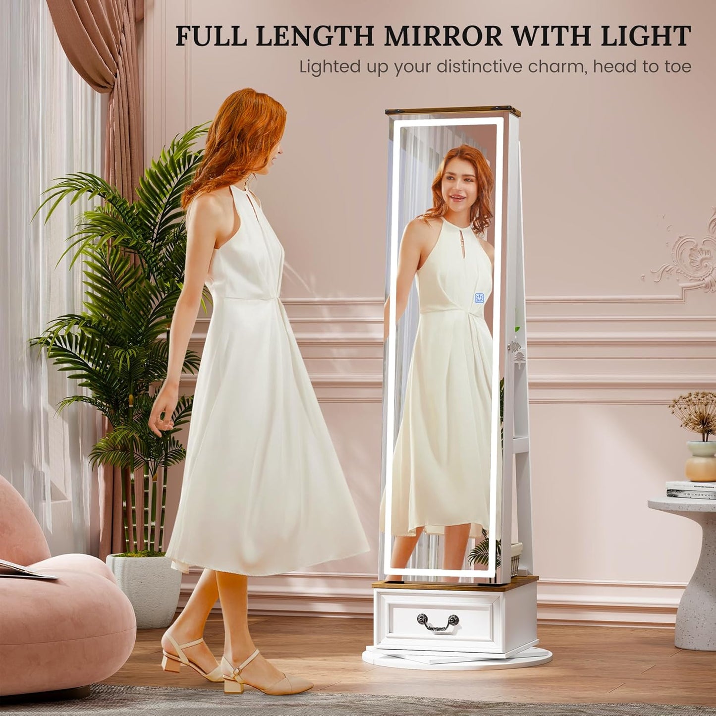LVSOMT LED Mirror Jewelry Cabinet Standing, 360°Swivel Jewelry Armoire with Full Length Mirror, Mirror with Jewelry Storage and Large Wooden Drawer for Christmas Gifts (Farmhouse White)