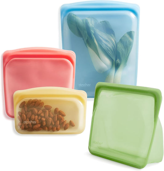 Stasher Premium Silicone Reusable Food Storage Bags, 4-Pack, Rainbow, Multi-Use Food Storage Bags, Lunch Bag, Travel Containers, BPA Free, Leak-free, Dishwasher-Safe, Eco-friendly