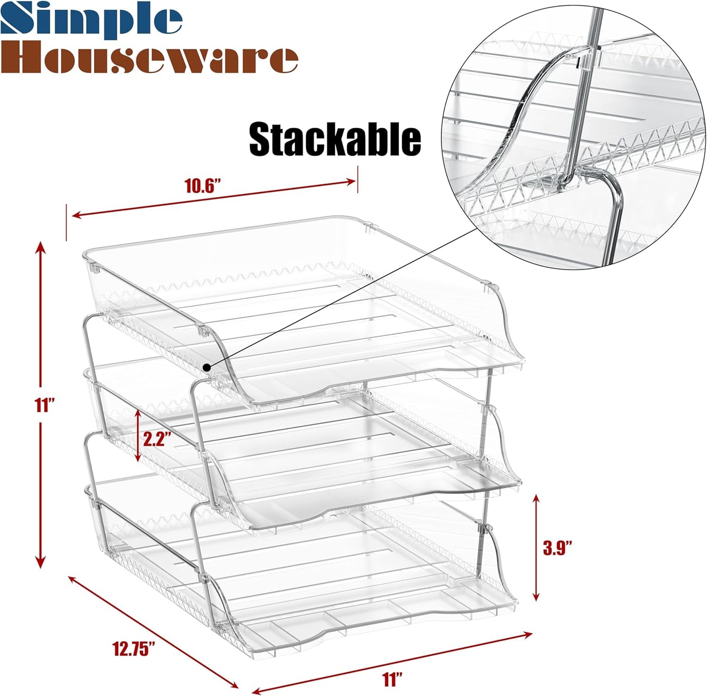 Simple Houseware 3-Tier Crystal Clear Stackable Document Letter Tray Paper Organizer - Desk Organizer for A4/Letter Size Documents, File Sorter, Paper Holder, Office Desktop File Storage, Acrylic Look