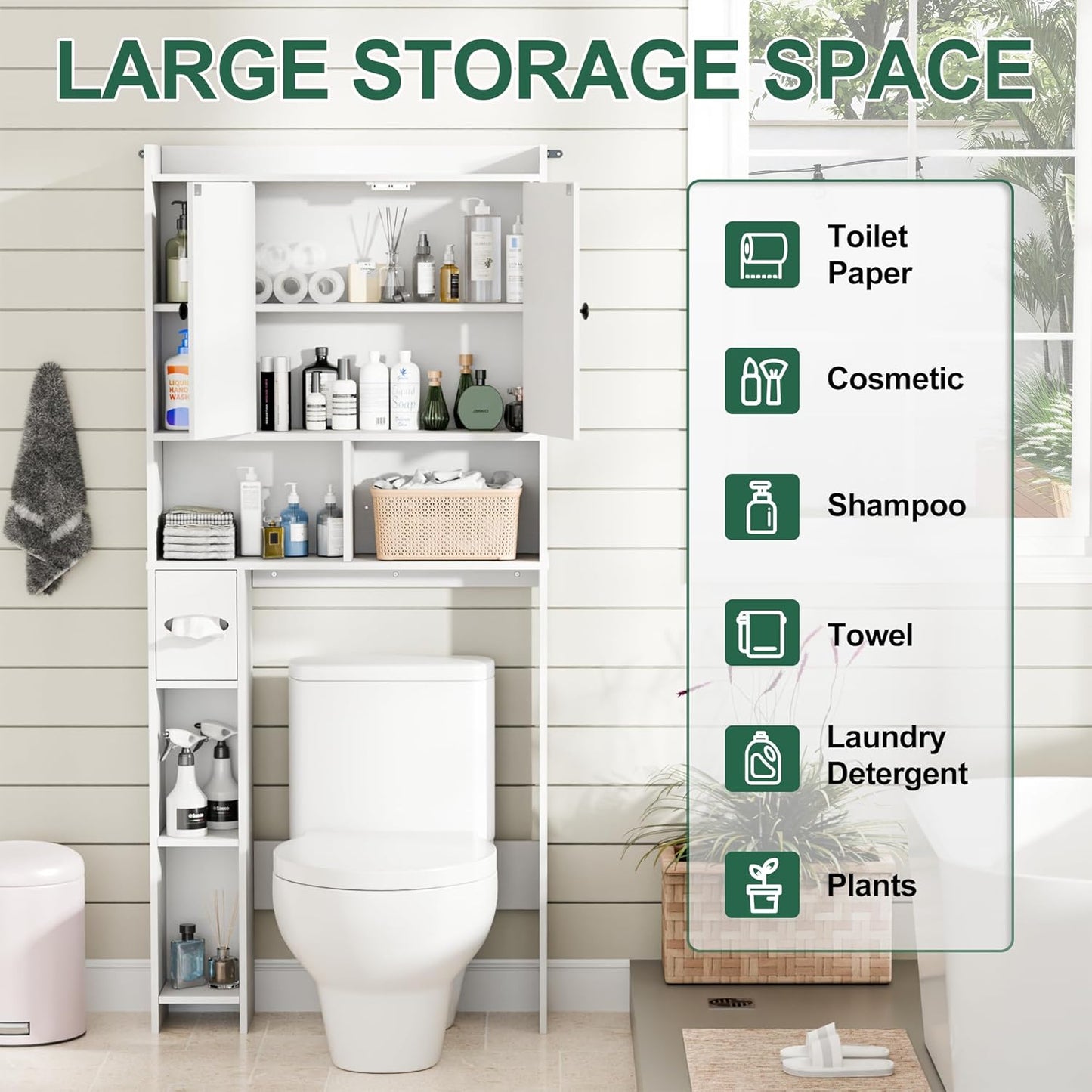 Over The Toilet Storage Cabinet with 2 Barn Door and Toilet Paper Holder Stand, Adjustable Shelf, Freestanding Organizer for Bathroom, or Laundry Room, White