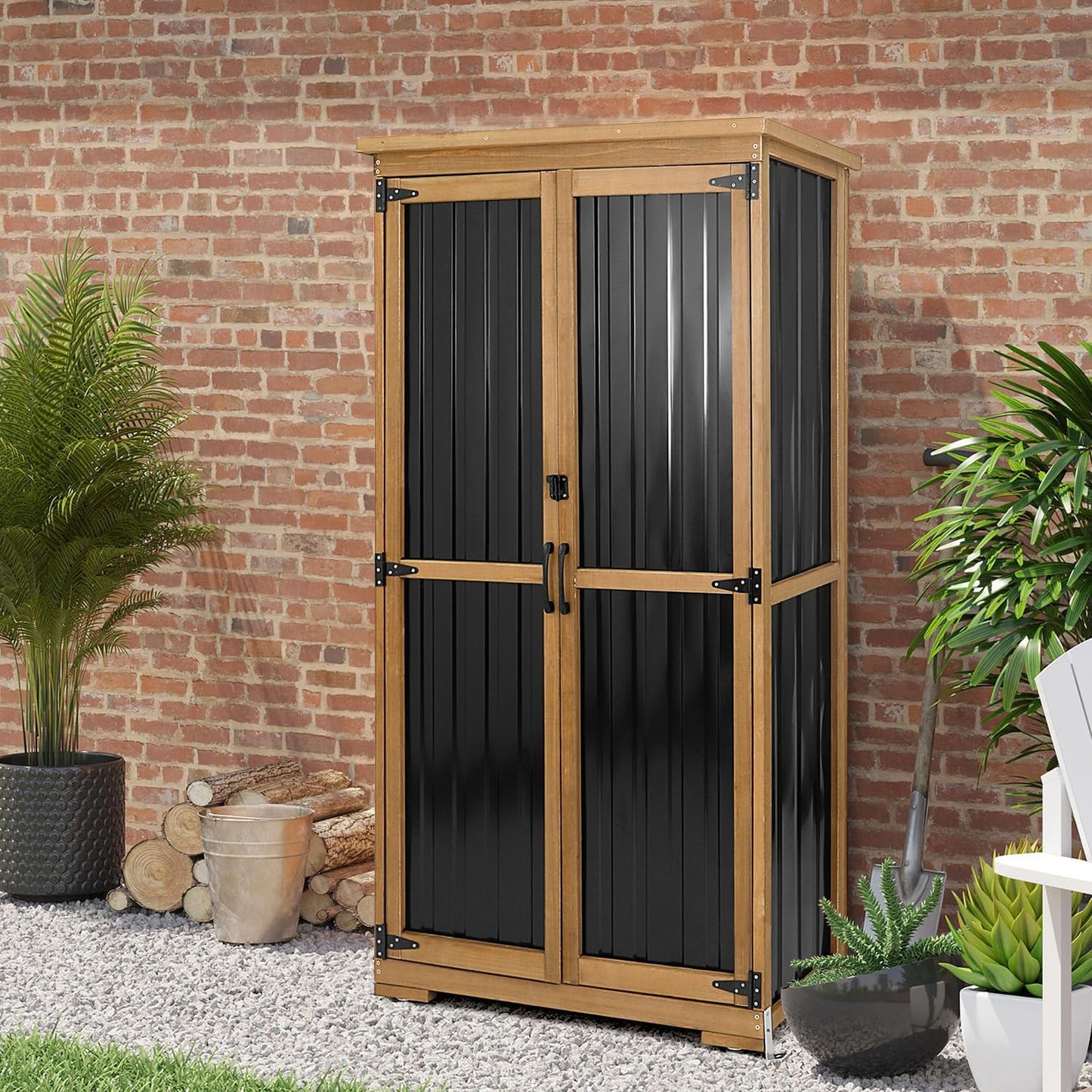 Outdoor Storage Cabinet with Shelves Outside Storage Shed Weather-Resistant with Waterproof Roof, Patio Pool Garden Garage Storage Cabinet Tool Organizer