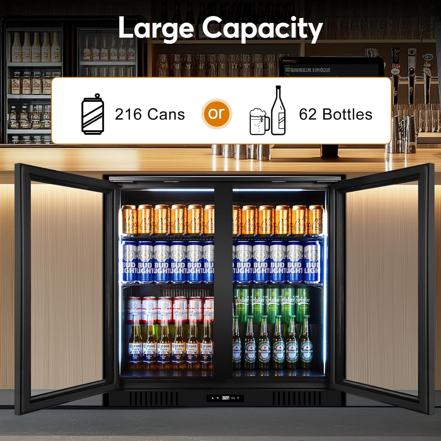 Back Bar Cooler Undercounter Beverage Refrigerator with Glass Door, Commercial Display Fridge for Beer Drink Soda with Temperature Control, 7.2Cu. Ft. Large Capacity, Black