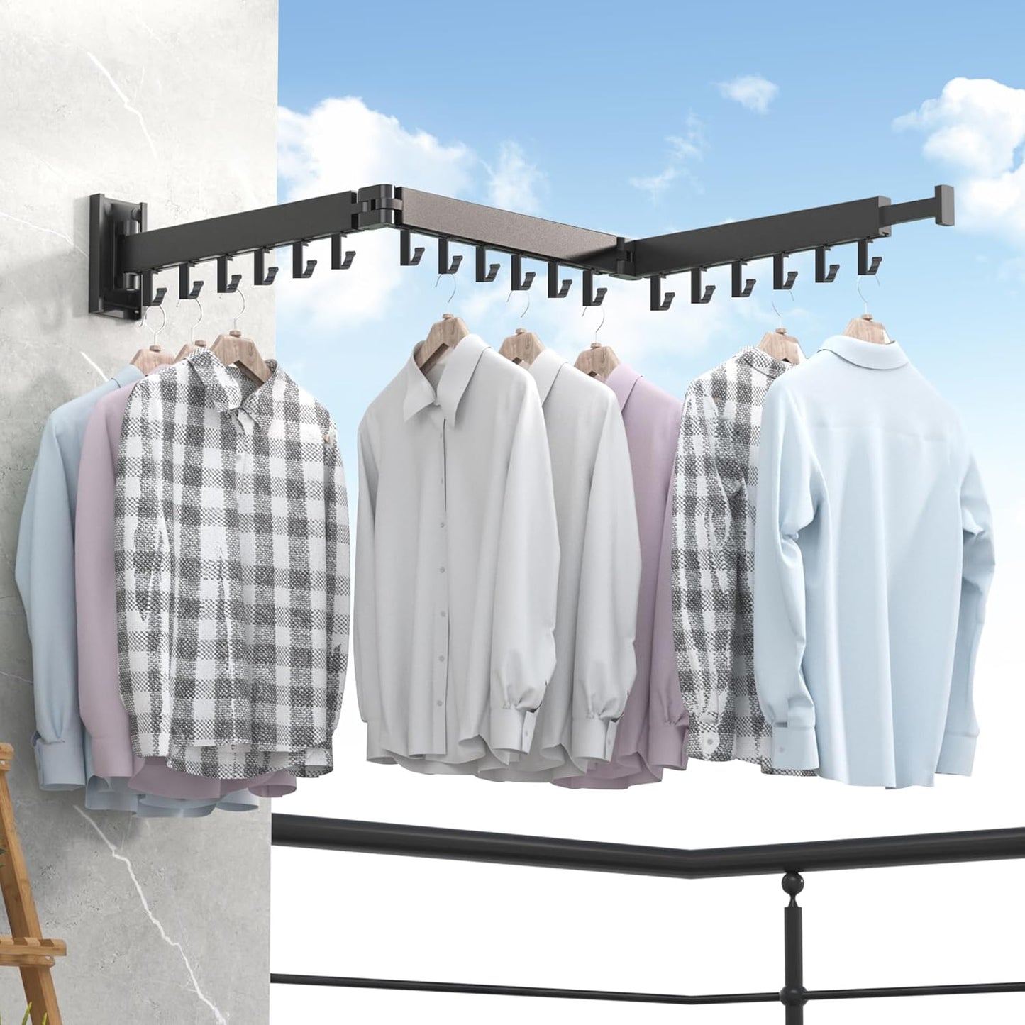 Clothes Drying Rack Wall Mounted,Laundry Rack Wall Wount,Drying Rack Clothing for Laundry,Retractable Dryer Racks,Wall Mounted Drying Rack Collapsible, Black, Sandy Coating,3z-b01