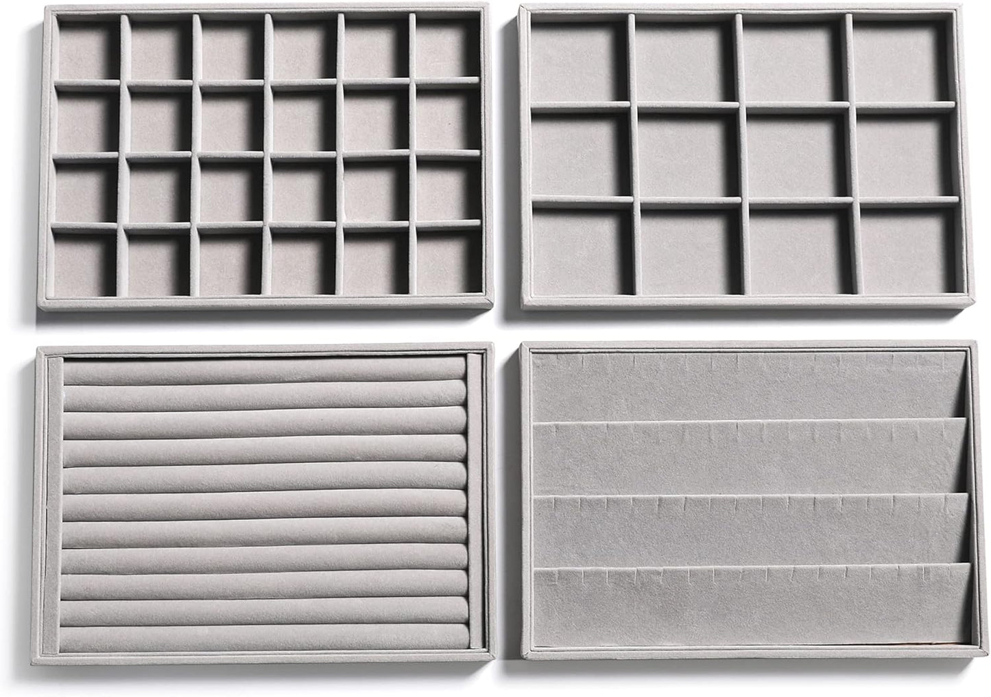 Frebeauty Stackable Velvet Jewelry Organizer Trays for Drawers Inserts Jewelry Storage Tray Display Case Earrings Bracelets Necklace Rings Accessories Trays for Women(Set of 4)(Grey).