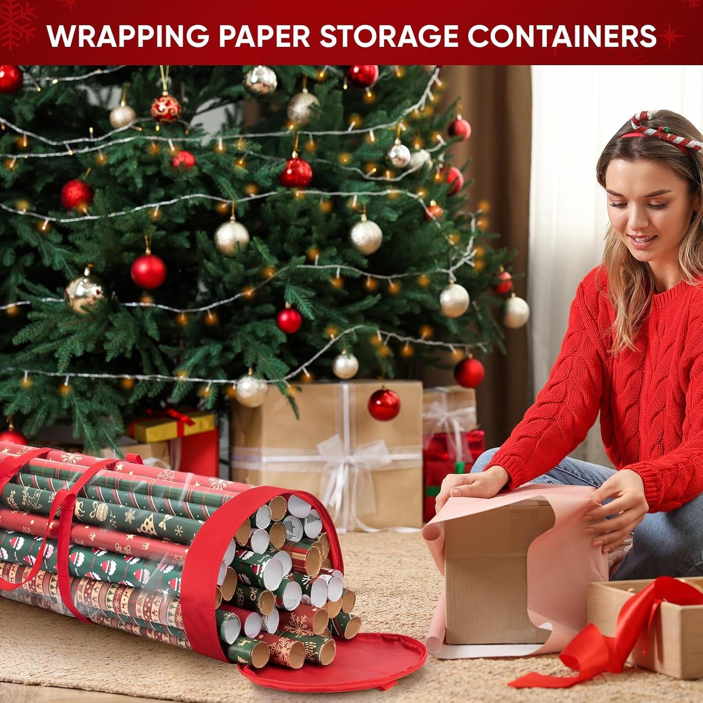 BALEINE Christmas Wrapping Paper Organizer Storage, 41" Gift Wrapping Paper Storage Containers, Clear PVC with Durable 600D Oxford Fabric Gift Wrap Paper Holder Fits 18-25 Rolls, Red