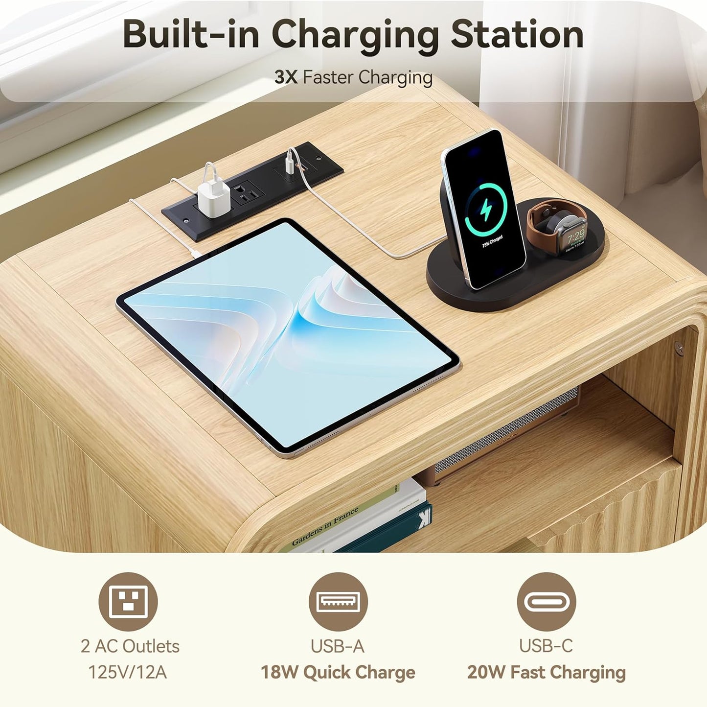 Fluted Nightstand with Charging Station, 19.7'' Wide Morden End Table with USB/Type-C Ports, 2 Drawers & Open Shelf, Curved Profile Design, Wood Bedside Table for Bedroom (Natural Oak)