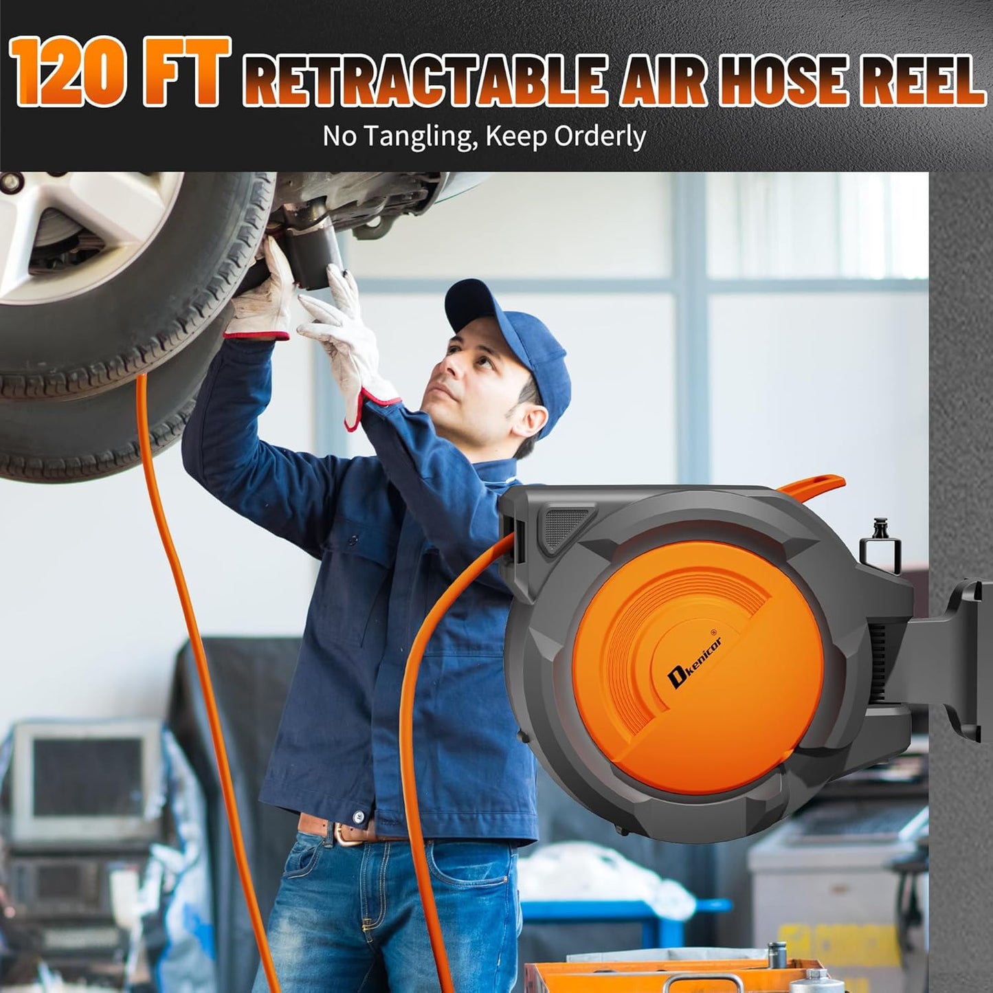 Retractable Air Hose Reel, 3/8" x 120ft Hybrid Hose, Auto Rewind Enclosed Air Compressor Hose Reel with 180° Swivel Bracket, Max 300 PSI Any Length Lock for Garage & Workshop