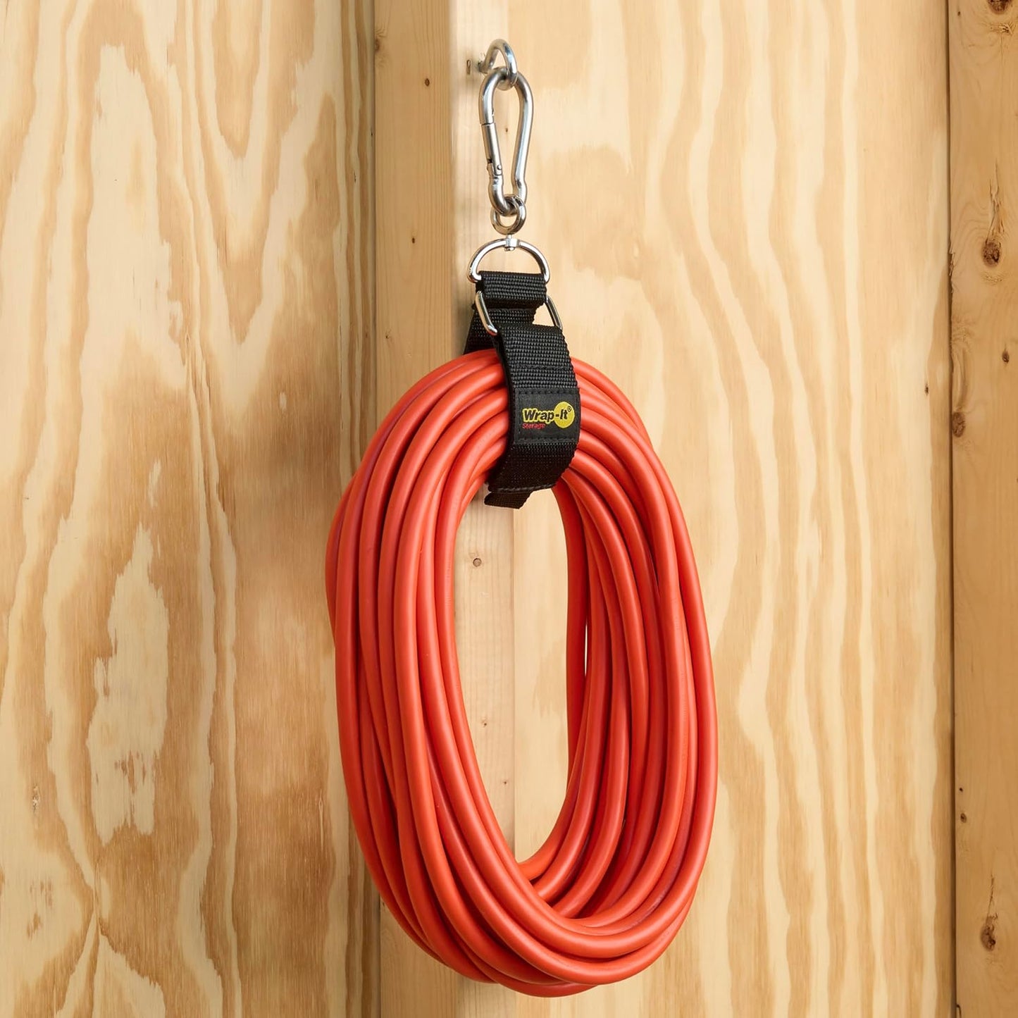 Hook 'n Hang Wrap-It Storage Straps - 12" (2-Pack) Blaze Orange - Carabiner Straps to Use as Extension Cord Holder for Cord Storage or Garden Hose Strap