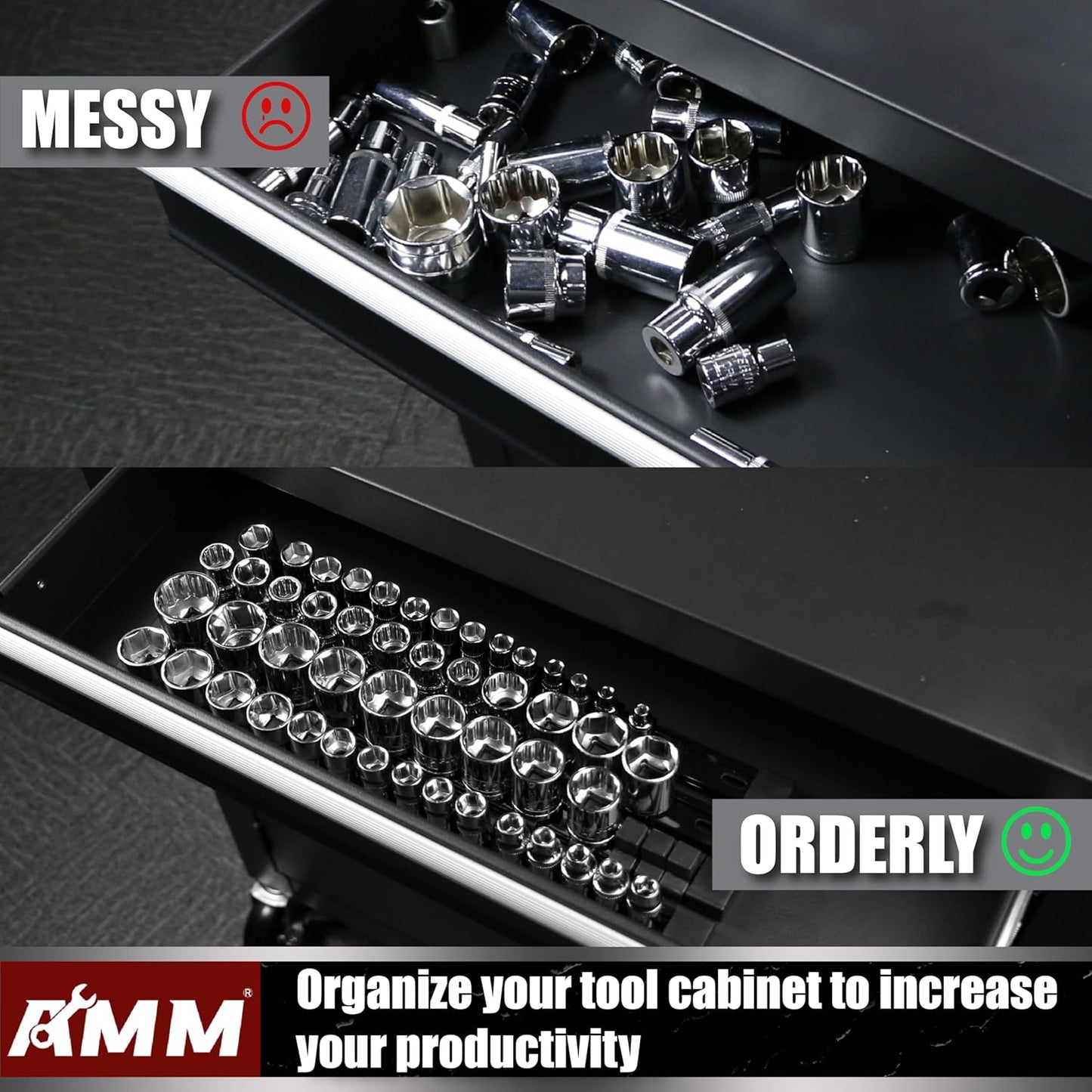 AMM 9-Piece Socket Organizer, 1/2 inch, 3/8 inch and 1/4 inch Drive ABS Tools-Black Socket Holder,Heavy Duty Socket Racks, Premium Quality Socket Clip Rail Holder,The best tool trays in the garage
