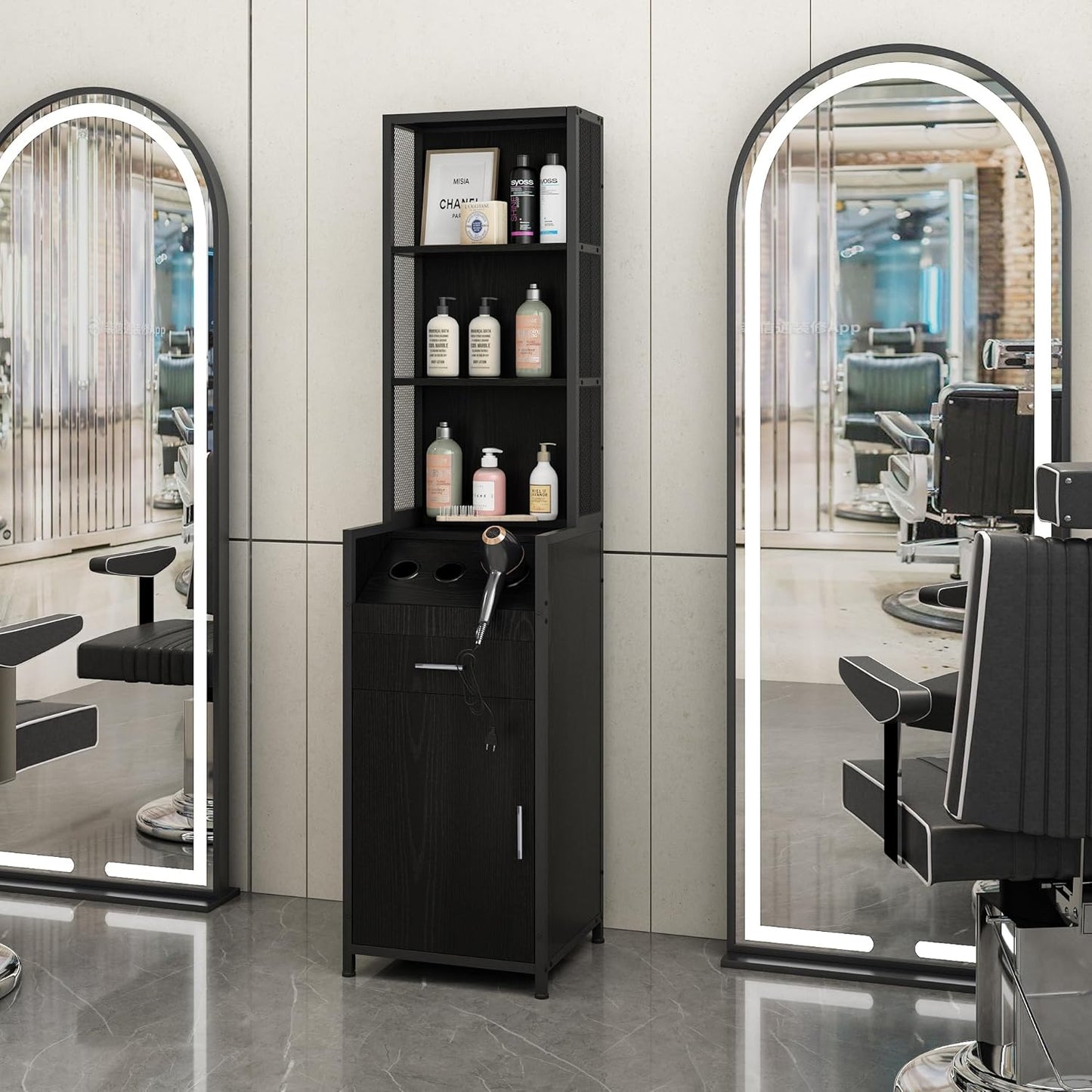 BARBsocial Reusable Salon Station for Hair Stylist, Barber Station with 3 Hot Tool Holders & Hair Storage with Shelves - Salon, Spa Furniture - Black