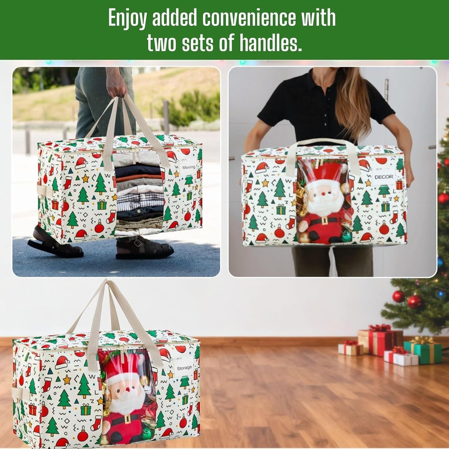 VENO 2 Pack Moving Bags, Large Christmas Storage Bins with lids, Packing Supplies for College, Alternative to Moving Boxes, Foldable, Heavy-Duty Tote, Christmas Pattern (Jingle Mix, 2 Pack)