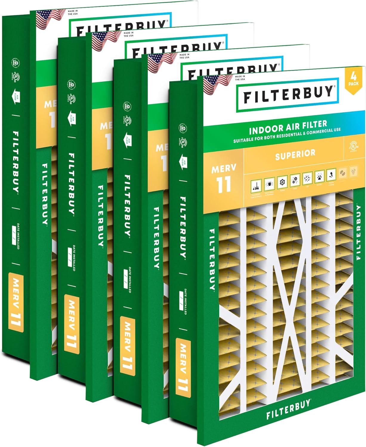 Filterbuy 16x25x5 Air Filter MERV 11 Superior Pet & Allergy Defense (4-Pack), Electrostatic Pleated HVAC AC Furnace Filters for Honeywell Return Grille (Actual Size: 14.38 x 23.38 x 3.69)