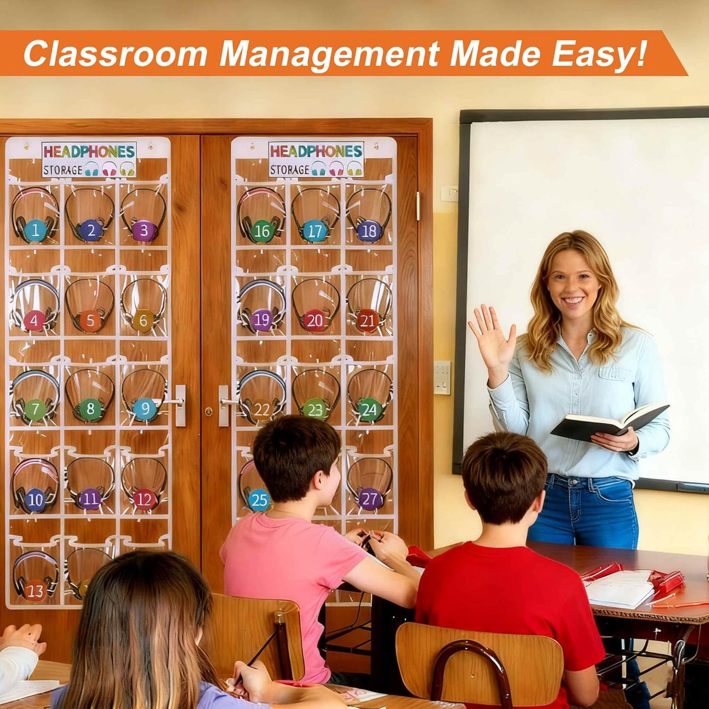 Classroom Headphone Storage Organizer, Door Hanging Organizer with 2-Layer Polyvinyl Chloride, Non-Woven Fabric, Clear, Hanging Storage Bag, 2Set