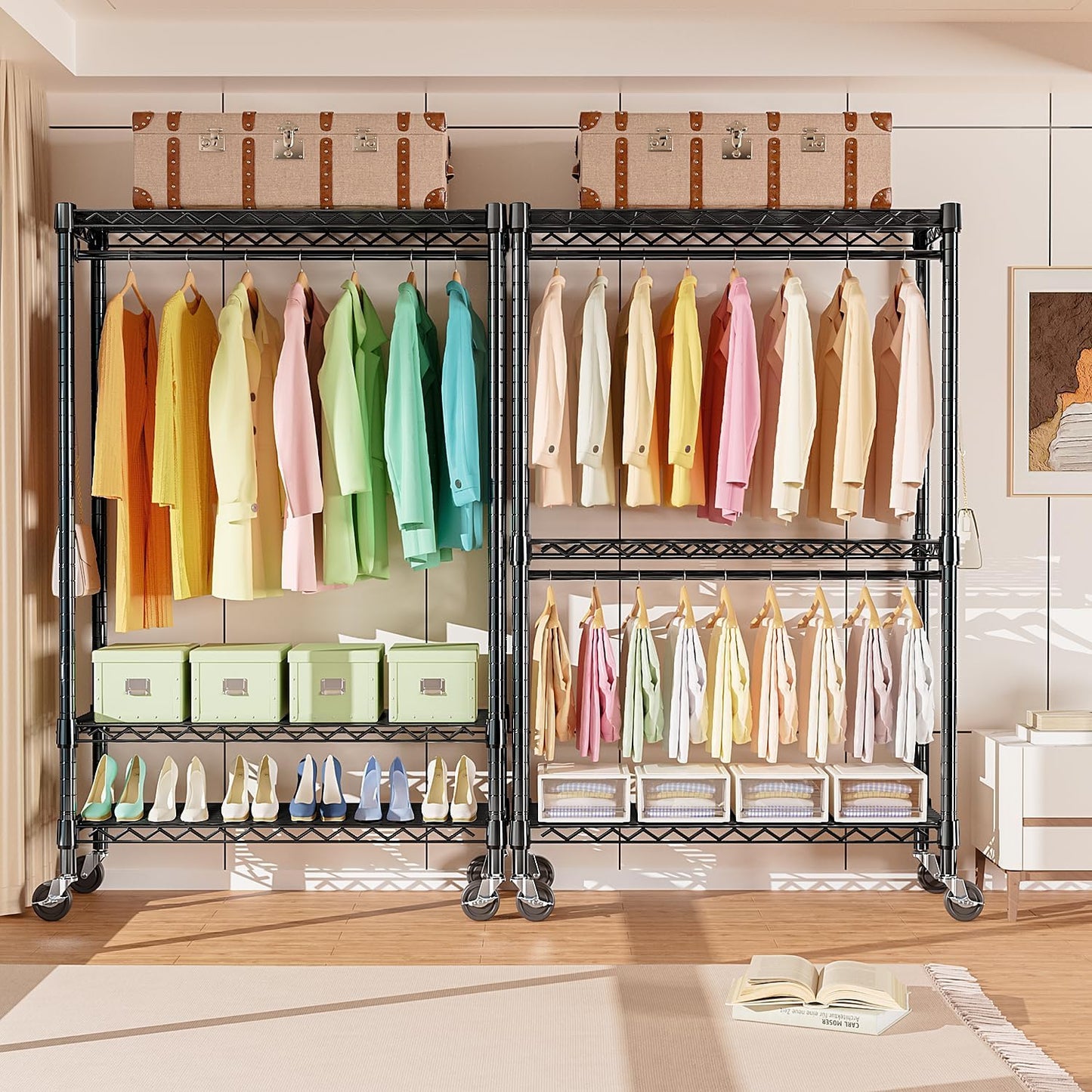 Heavy Duty Rolling Garment Rack 3 Tiers Adjustable Wire Shelving Clothes Rack with Rods and Side Hooks,Storage Closet Clothing Rack with Wheels Black 17.7" D x 47.2" W x 83.6" H