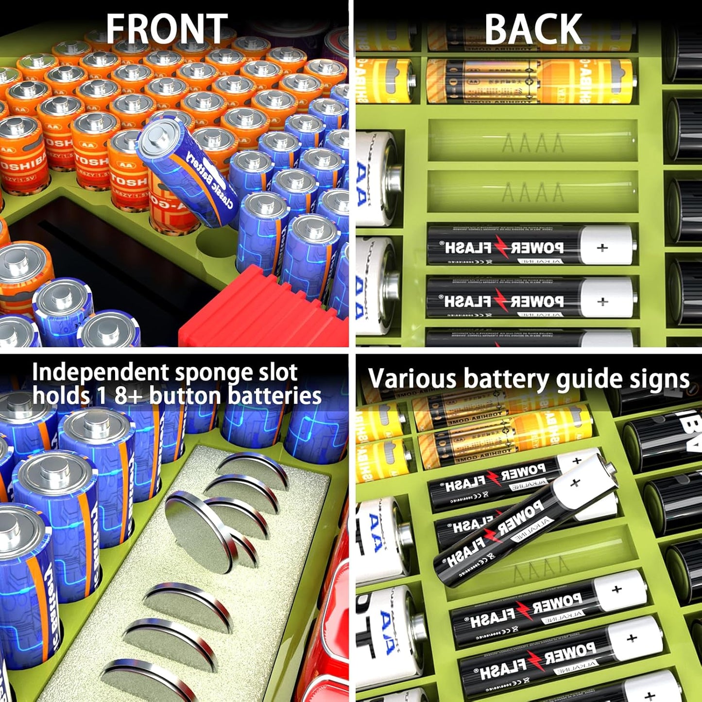 ALCYON Large Capacity 269 Battery Organizer Storage Case with Tester, Double-Side Battery Holder Container for AA AAA AAAA C D 9V Lithium 3V CR123 CR1632 18650 Batteries(Box Only) (Lighting Green)