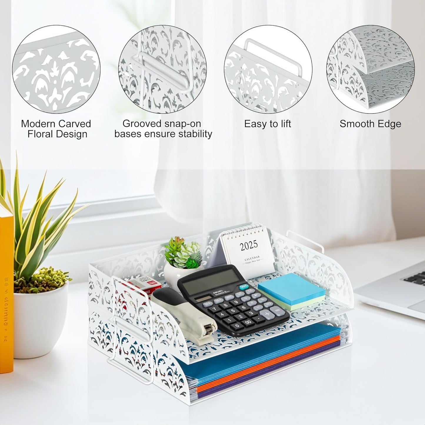 EasyPAG Paper Organizer for Desk 2 Tier Stackable Paper Tray for A4 Legal Size Folders Metal File Storage Desktop Organizer for Home Office School Teacher, White