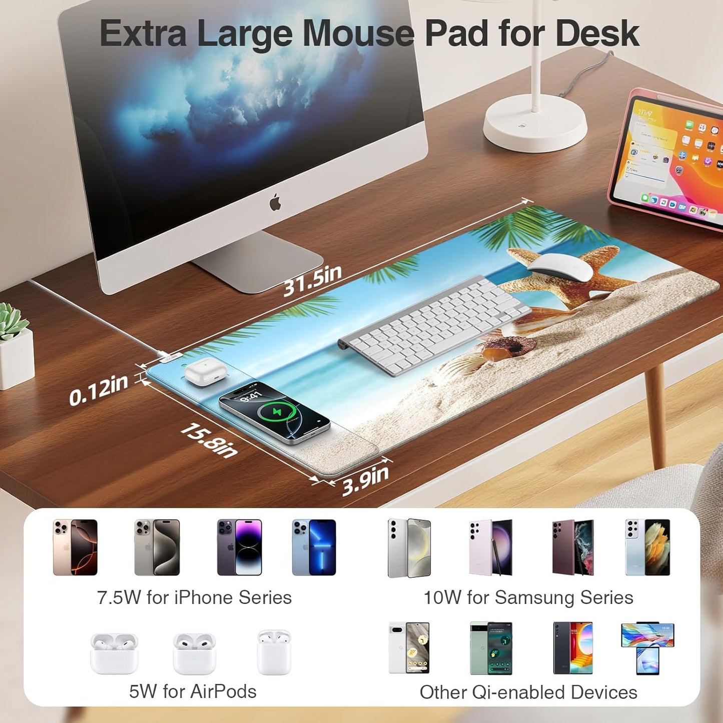 Wireless Charging Mouse Pad, 31.5"x15.8" Large Gaming Desk Mat for Keyboard/Laptop, Waterproof Ultra-Smooth Surface, Non-Slip Base, with 20W PD Adapter, Summer Beach